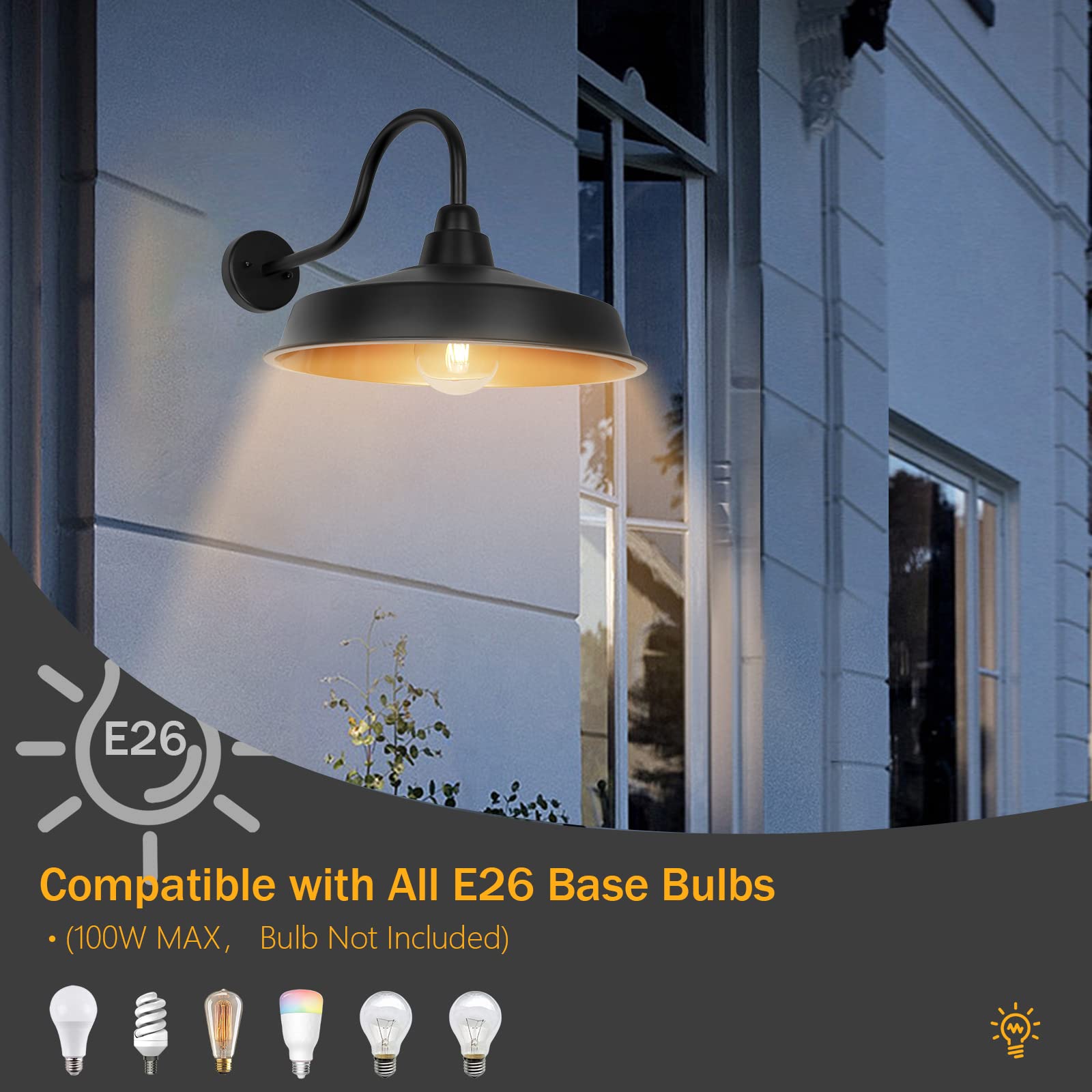 Diyel Gooseneck Barn Light Outdoor, 16 Inch Dome Large Farmhouse Exterior Light Fixture Wall Mount, Industrial Outdoor Wall Sconce Outside For House, Shop, Front Porch, Garage, Entryway, Gold, 2 Pack