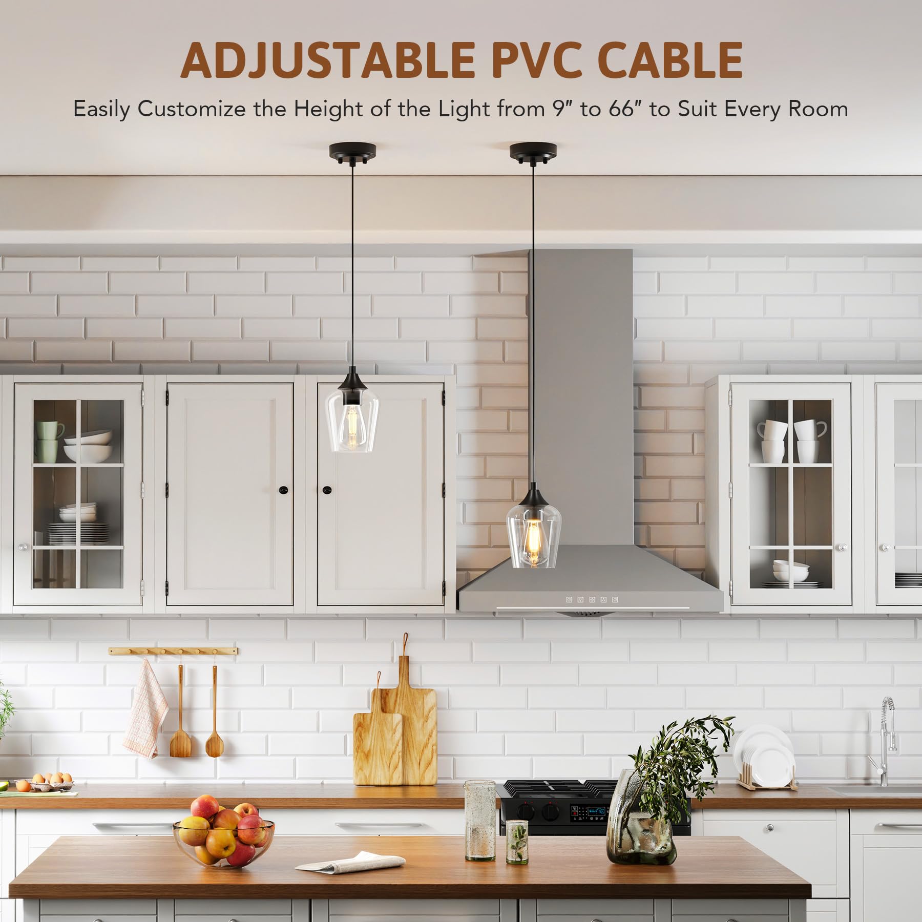 VONLUCE Pendant Lights - Matte Black Modern Fixtures, E26 Base, Adjustable Cable, 2 Pack, Glass Shade for Kitchen, Living Room, Hallway