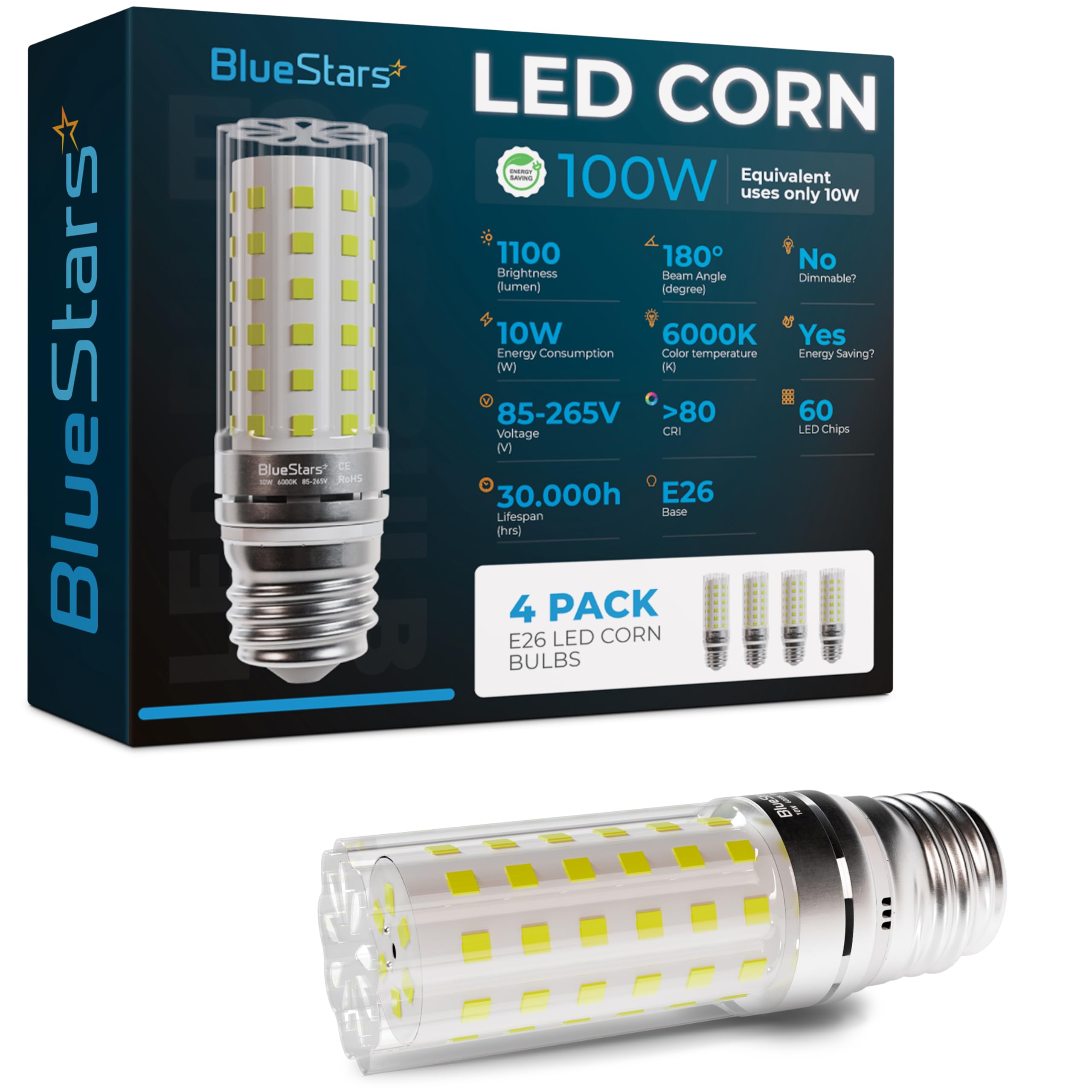 Bluestars 4-Pack 10W (100 Watt Equivalent) 1100 Lumens, 6000K Cool White, E26/E27 Medium Base, Non-Dimmable Tubular Led Corn Lig