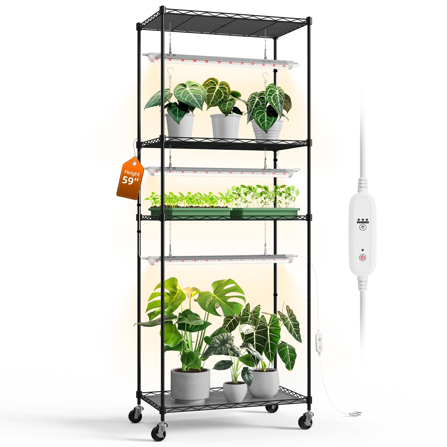 Bstrip Plant Shelf with Grow Light with Timer, Plant Stand with Adjustable Rack and Wheels, 3 Pack 72W T8 2FT Full Spectrum Grow