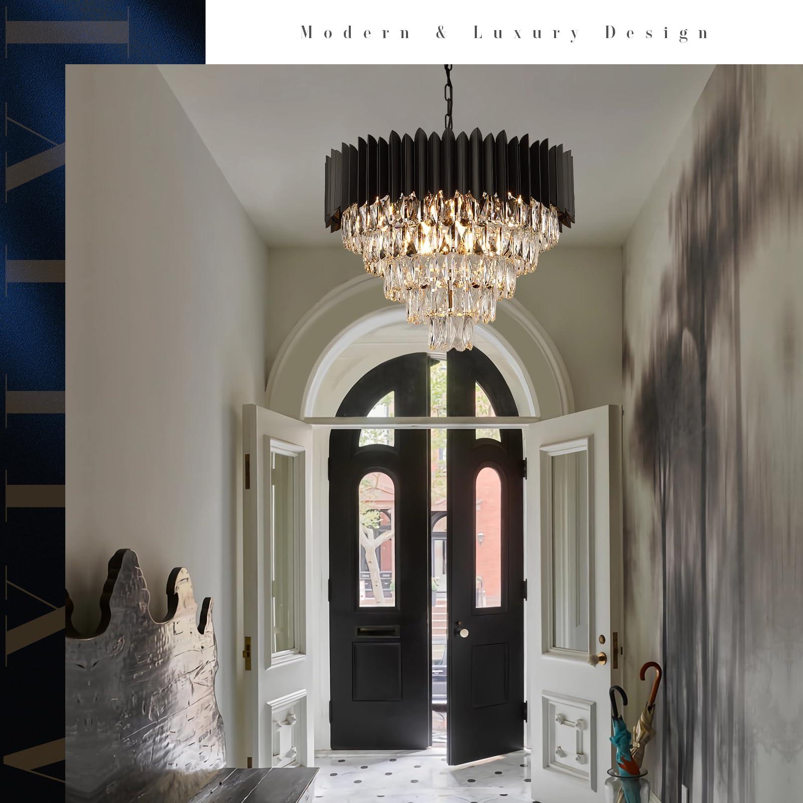 A AXILIXI Black Crystal Round Chandelier 24" Dimmable 12 Lights Luxury Ceiling Pendant Light Fixture Model DH88511BK-600