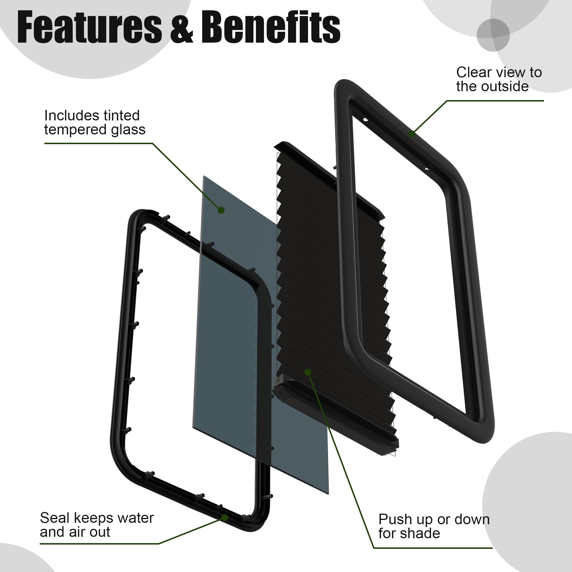 Estenio RV Window for Entry Doors, Low-Profile Shade, 12''x21'', Black, Glass, Model RVwindowkit