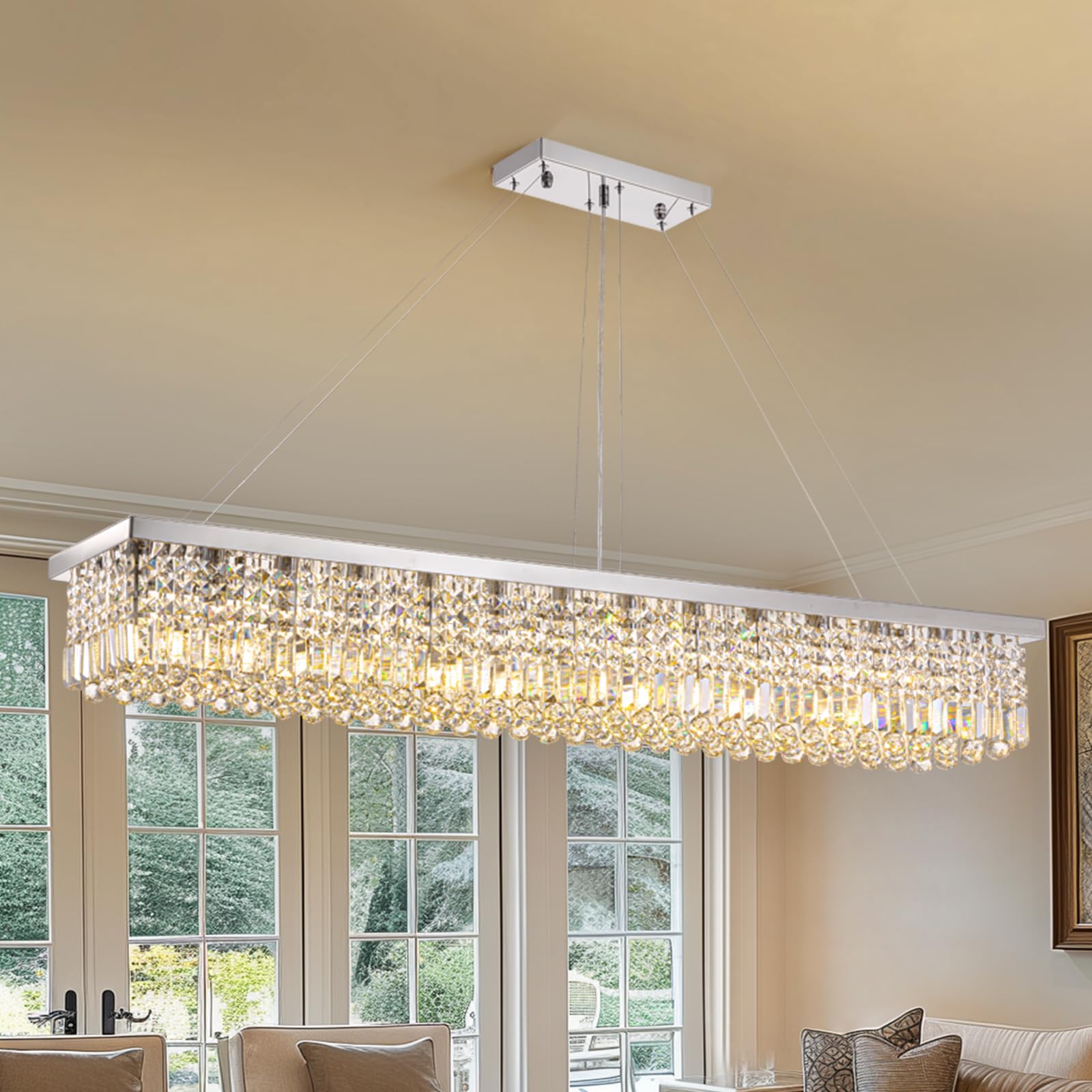 7PM Rectangle K9 Crystal Chandelier Modern Rectangular Pendant Light Fixture for Dining Room Kitchen Island Chrome L59'' x W10''