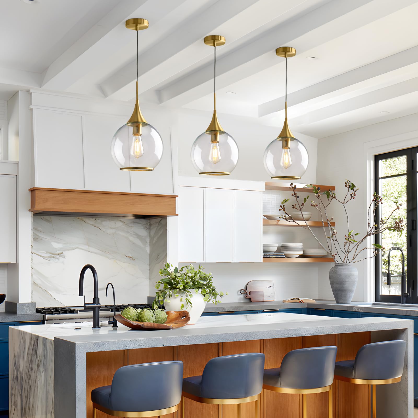 Hahzt Pendant Lights Kitchen Island: 3 Pack Gold Light Fixture Modern With Clear Glass - 10 Inch Mid Century Globe Kitchen Light
