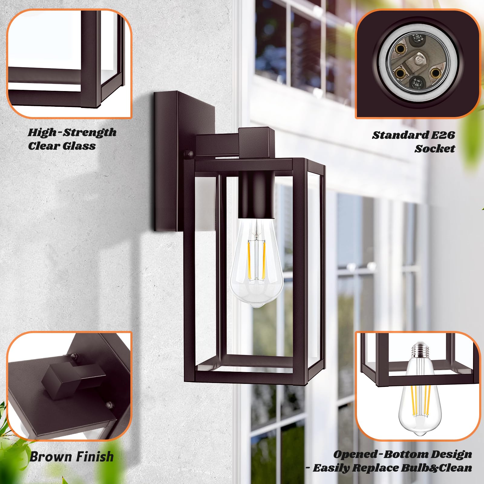 2-Pack Outdoor Wall Lights, Waterproof Exterior Wall Sconce Outdoor Light Fixtures, Brown Outside Wall Lantern With Clear Glass