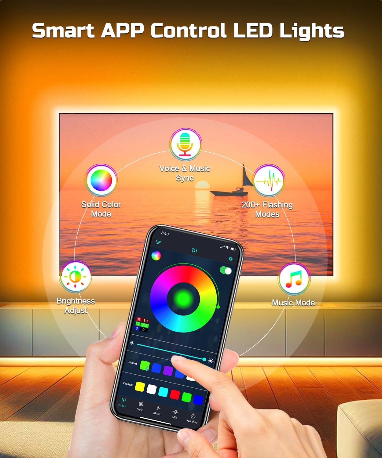 Daymeet LED TV Lights, 23ft RGBICW Backlight, USB Color Changing, Music Sync, for 32in-100in TVs, Multicoloured