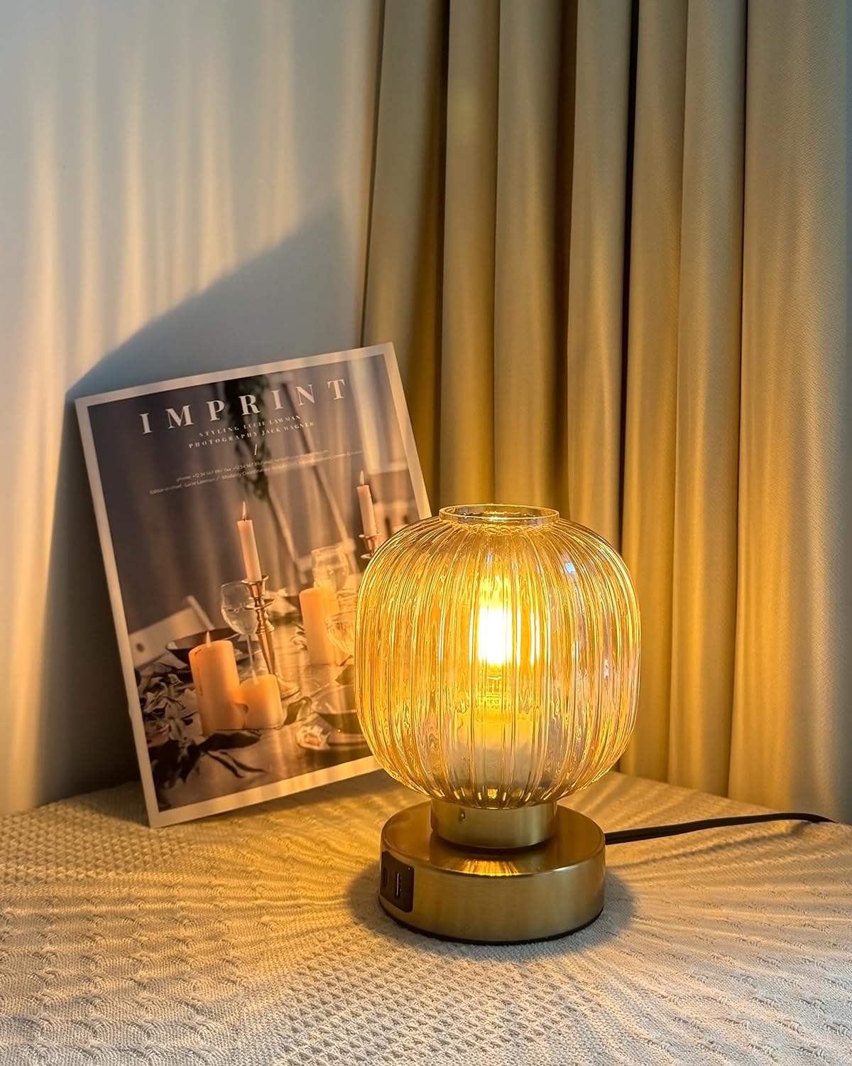 Touch Small Table Lamp,Elegant Gold Glass Bedside Lamp 3 Way Dimmable With Usb C+A Charging Ports - Bedroom Nightstand & Living