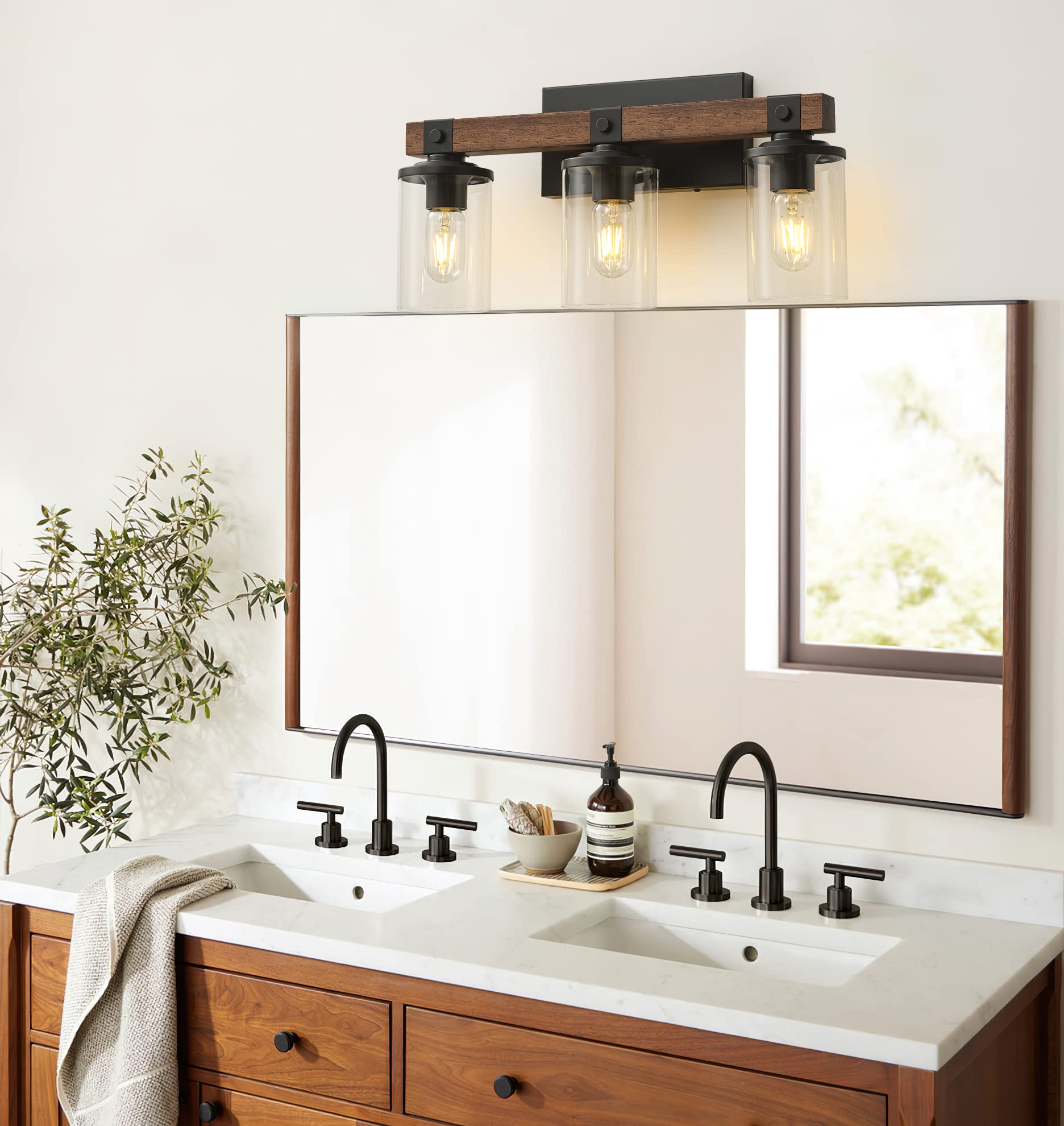 Goyeel 3-Light Rustic Bathroom Vanity Light Fixture, Antique Wood With Clear Glass Shade