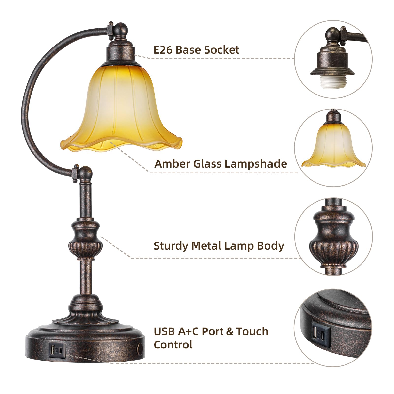RORIA Touch Farmhouse Table Lamp, 3-Way Dimmable, Bronze Metal, USB Ports, Vintage Amber Glass Shade, Model LM-8922