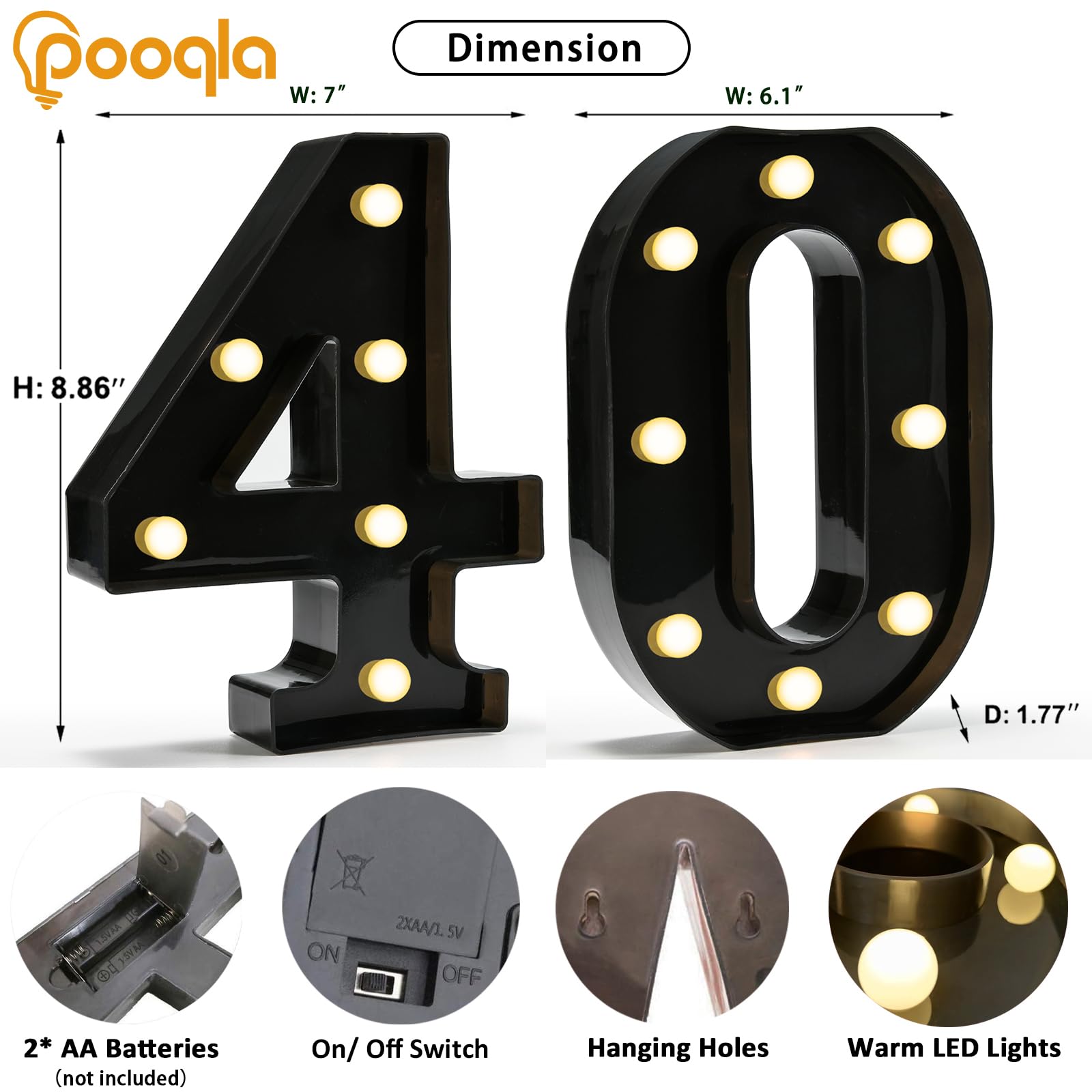 Pooqla Decorative Led Light Up Number Letters, Black Plastic Marquee Number Lights Sign For 40Th Birthday Party Wedding Decor Battery Operated Black Number 40