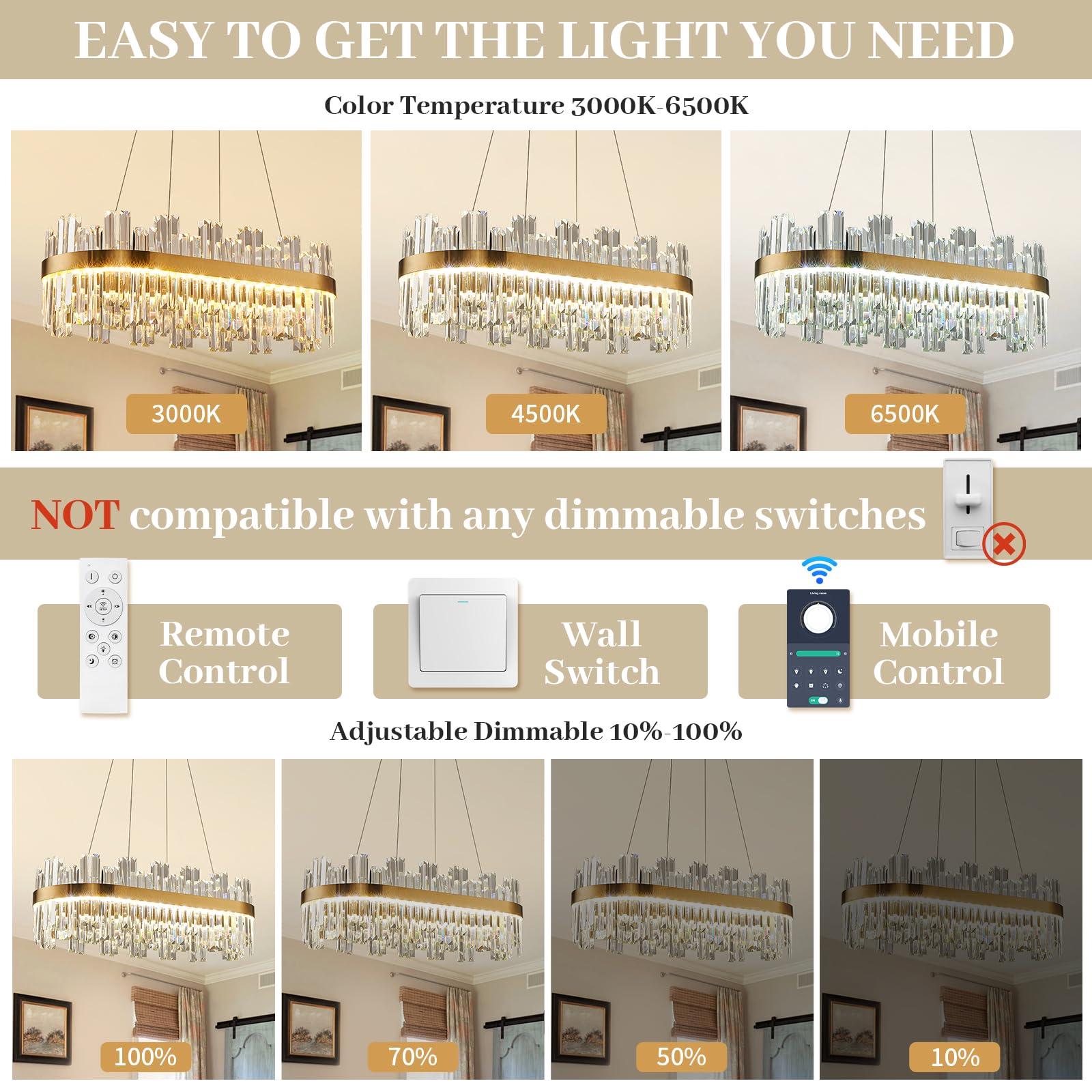 ALIYIQI 39.3" Dimmable Gold Rectangle LED Crystal Chandelier with Remote Control, 3 Colors, Contemporary Design for Dining Room, Living Room, Kitchen