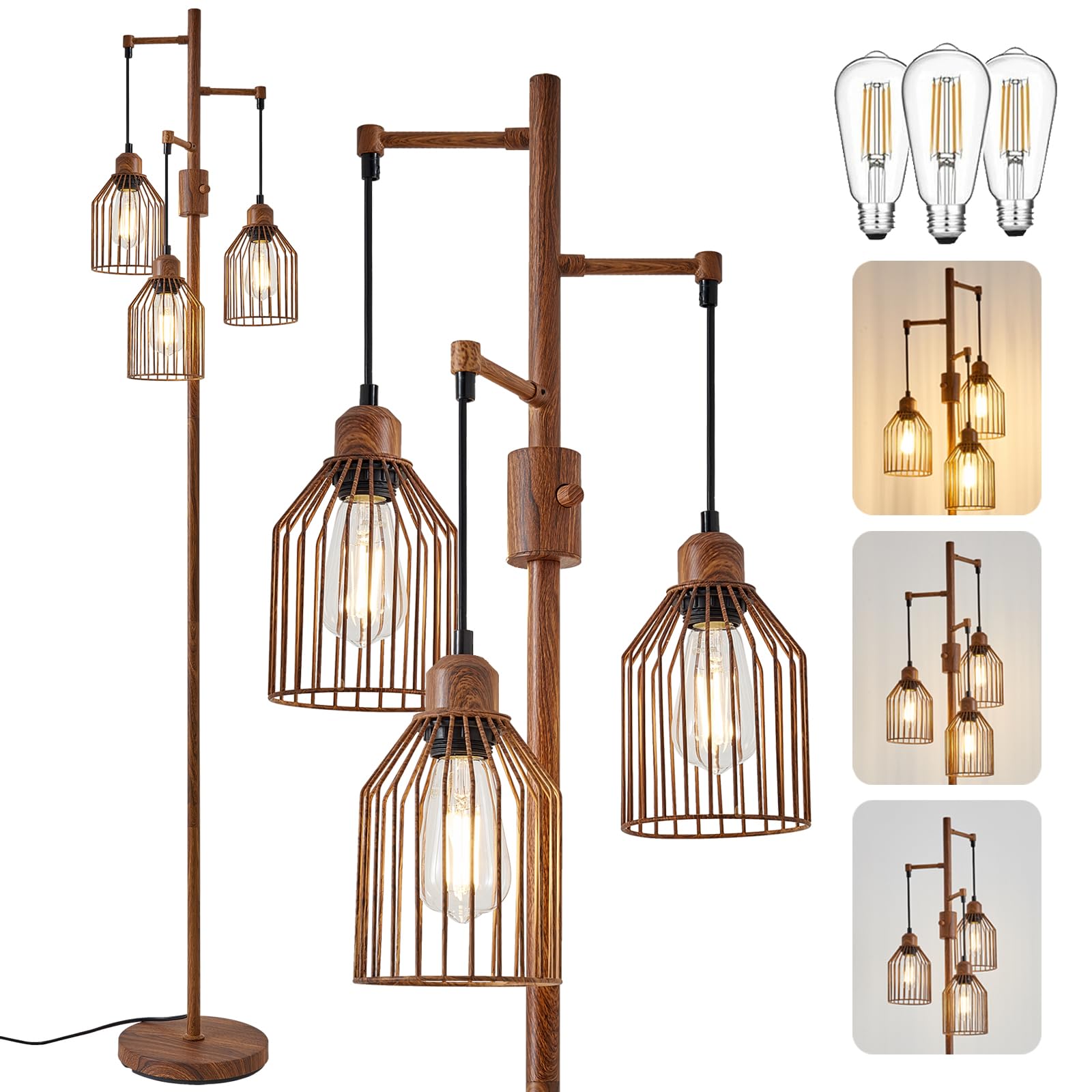Dimmable Floor Lamp For Living Room, Farmhouse Floor Lamps With Elegant Hanging Cage, 3 X Led Edison Bulbs Included, 68.5'' Indu