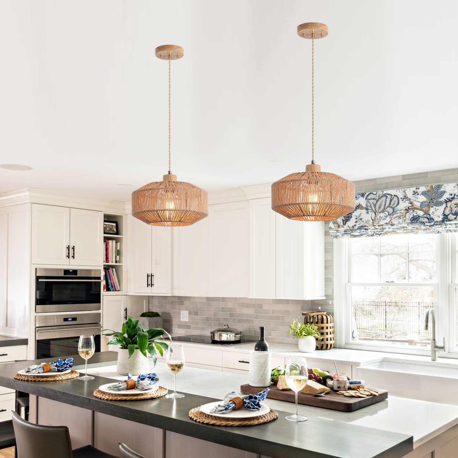 Hchunqjor Coastal Woven Pendant Light Fixture - Adjustable Natural Hemp Rope For Kitchen & Dining