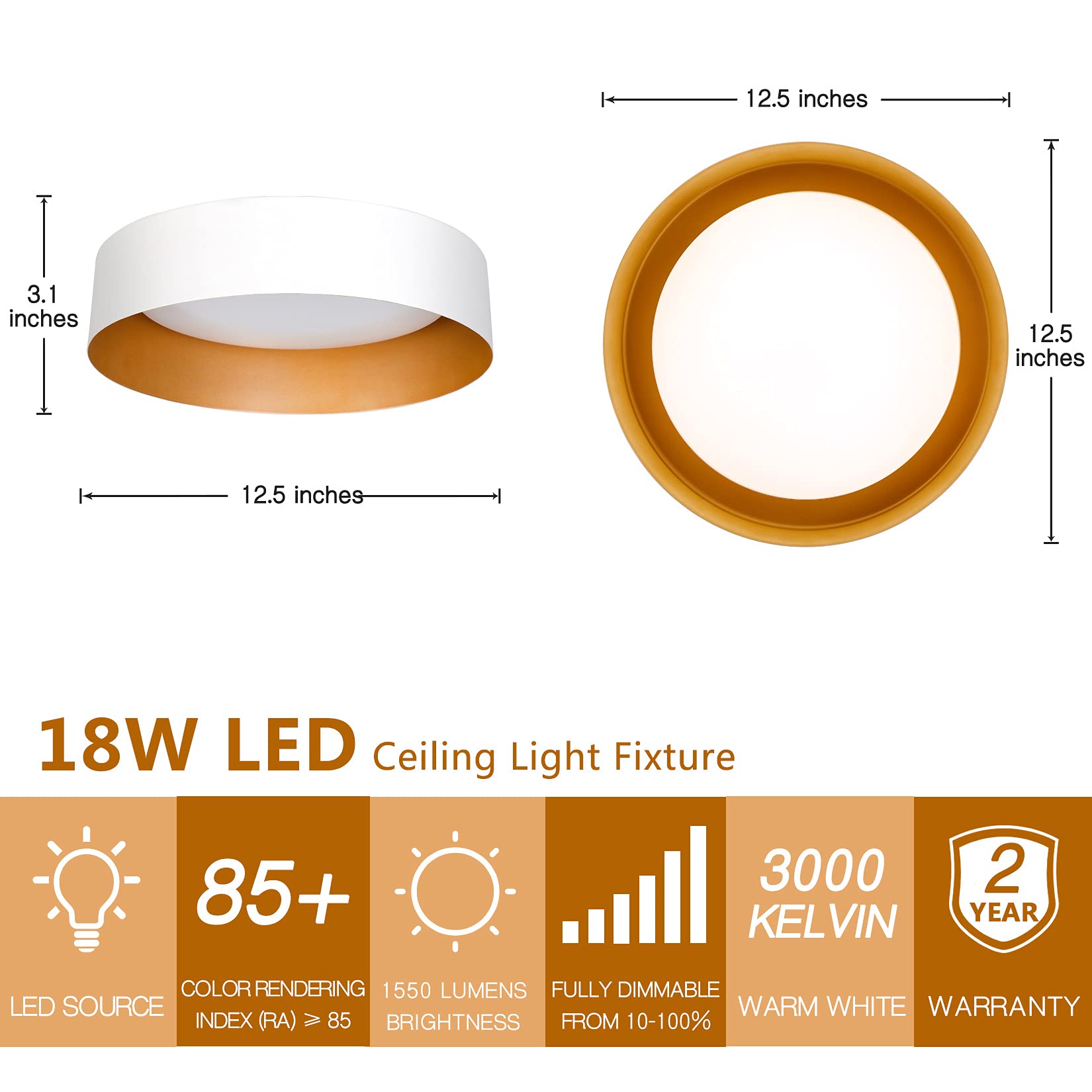 Bargeni Led Ceiling Light Fixture,12.5 Inch Flush Mount Light Fixture,Matte White With Gold Inside,Dimmable 3000K/Warm White/18W(100W Equiv.),Outdoor Lighting Fixtures Ceiling For Bedroom And Hallway