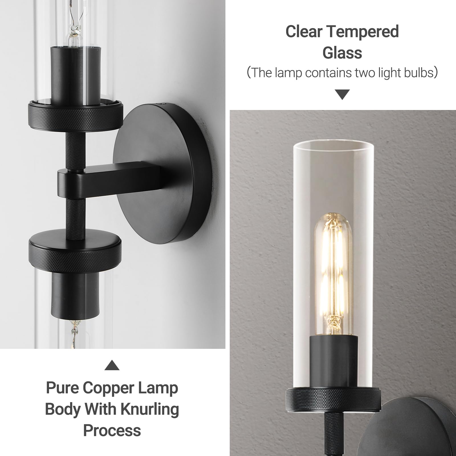 Zhtiechui 2-Light Black Knurled Wall Sconces, Glass Sconces Wall Lighting Indoor, Bathroom Vanity Light Sconces, Wall Lights For