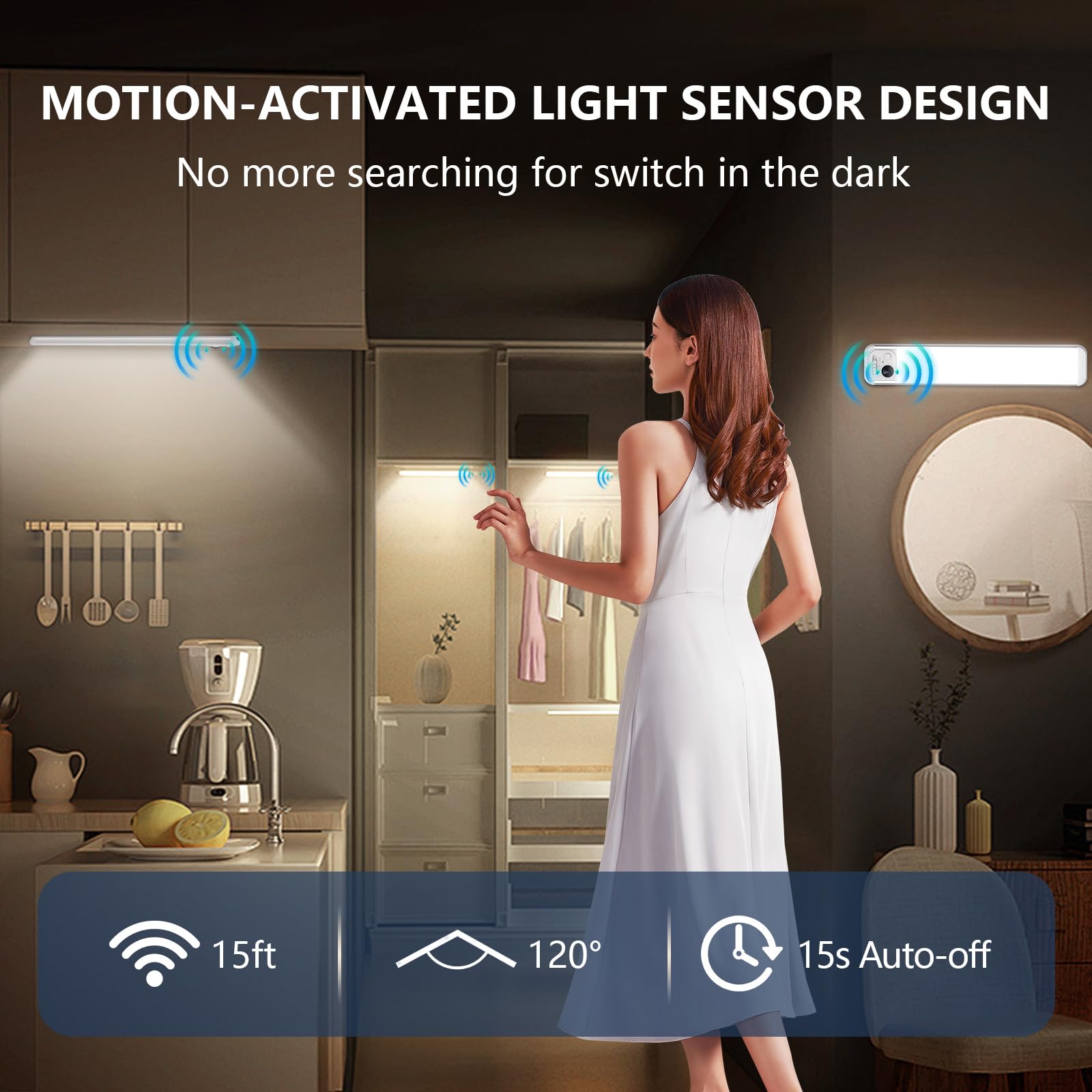 Ruikoring Under Cabinet Lighting  3 Colors  Motion Sensor Light Indoor  Led Rechargeable Closet Lights Battery Operated  Dimmable Night  Stick-On Magnetic Cabinet Lights For Kitchen Stairs Hallway