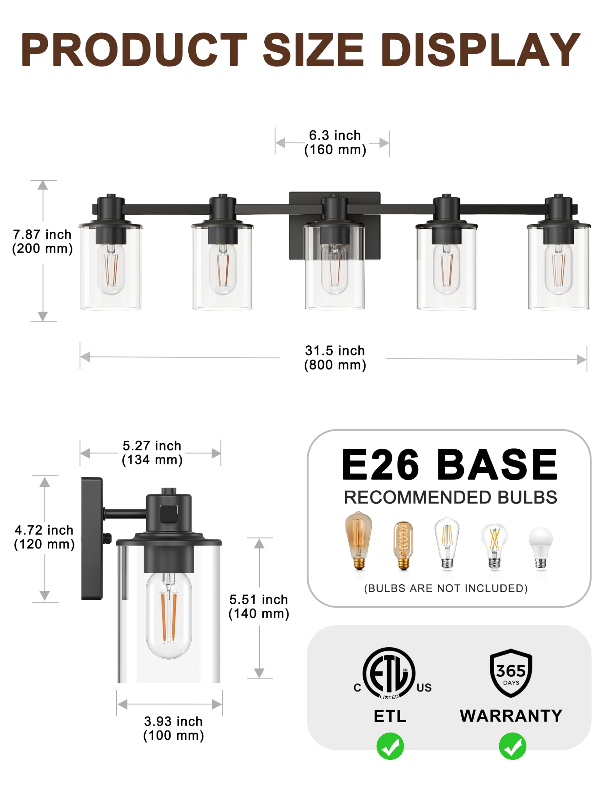 DORESshop 5-Light Black Bathroom Light Fixtures, Modern Brushed Vanity Lights with Clear Glass Shade, Model 4eab6c84-cb7d-4baf-8a33