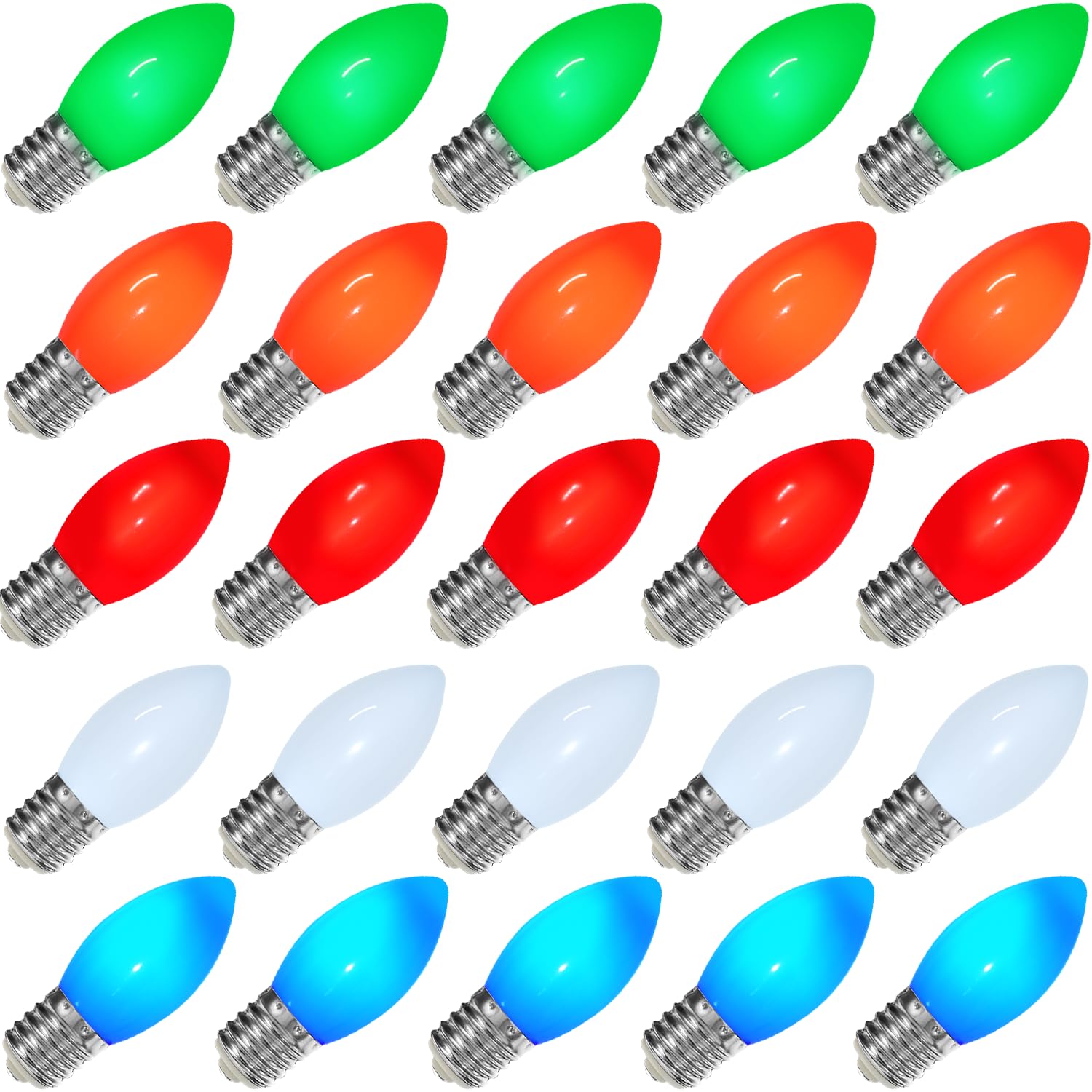 25 Pack Multicolor C9 Led Christmas Light Bulbs 0.6W Equivalent To 7W, Shatterproof Plastic C9 Replacement Led Bulbs For Outdoor