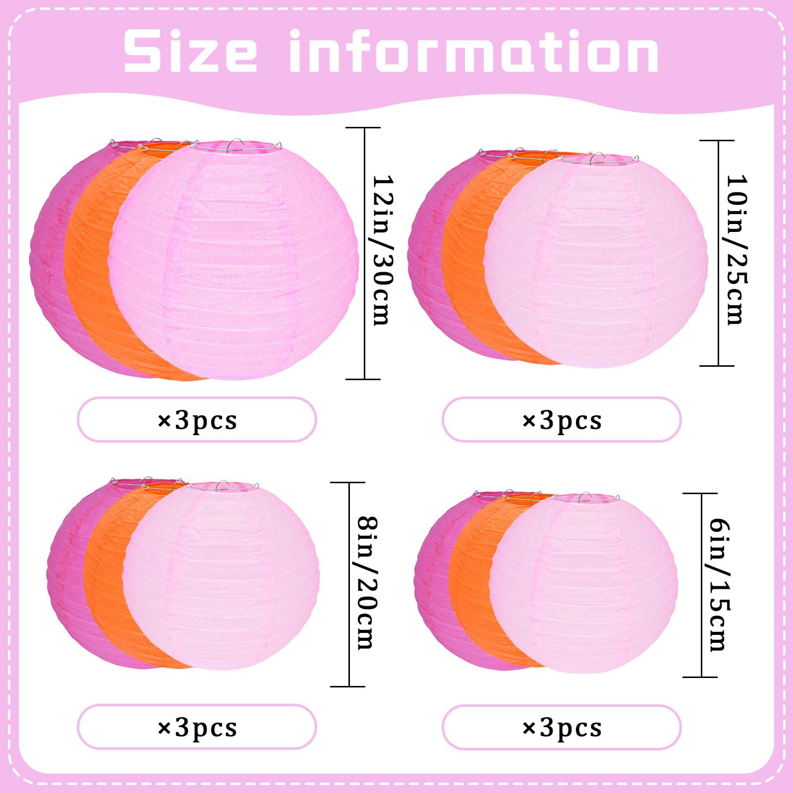 Peywot Paper Lanterns 12Pcs Assorted Sizes 6in 8in 10in 12in in 3 Colors for Home Decor, Weddings, Parties, Model ST-D