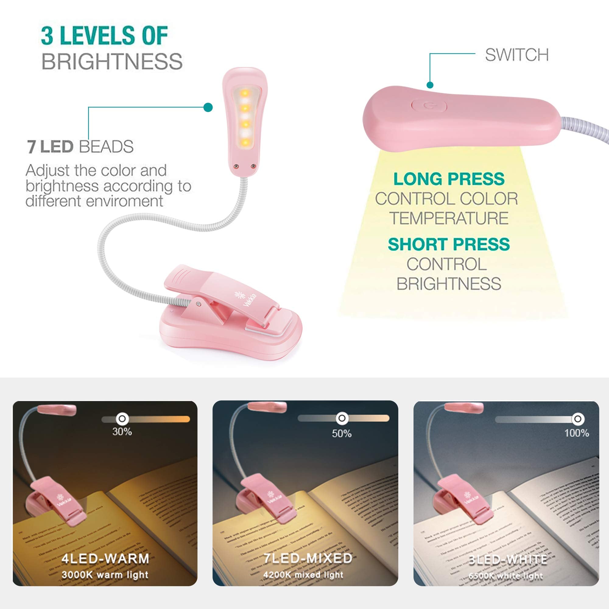 Vekkia Rechargeable Book Light - 3 Colors, 3 Brightness Levels, Lightweight, Up to 70 Hours, Model BK-03-PK, Pink
