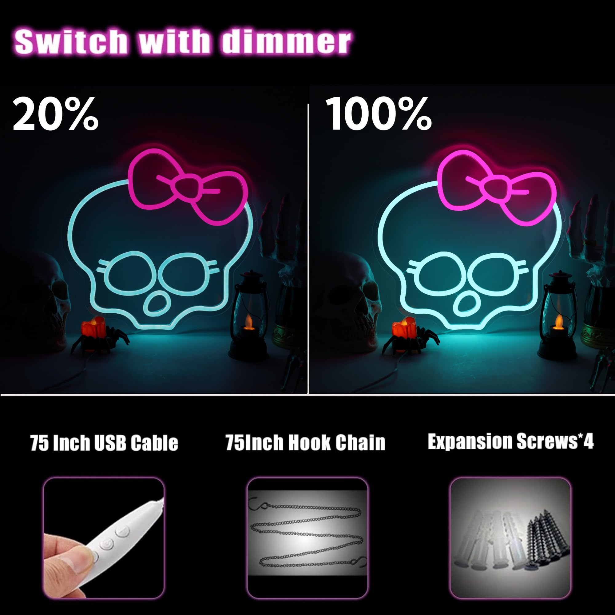 Zhujianqiang Skull Neon Sign, LED Wall Light for Room Decor, Dimmable, 13inx12.6in, Ice Blue & Pink, USB Powered, Perfect for Game Room