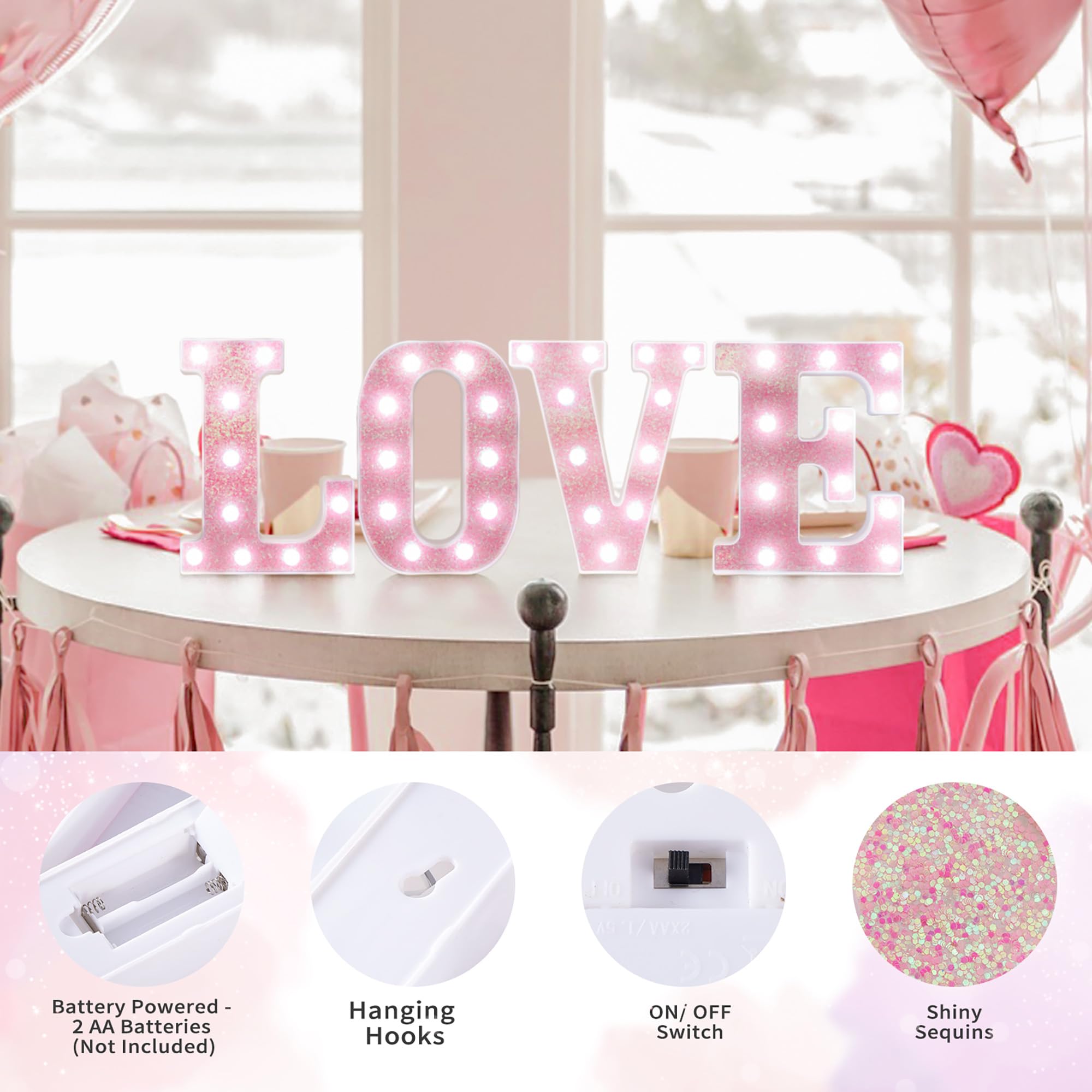 eufony LED Marquee Light Letter O, Glitter Pink, Battery-Powered, Cool White Lights for Bedroom & Party Decor, Model W-PINK-LED-O