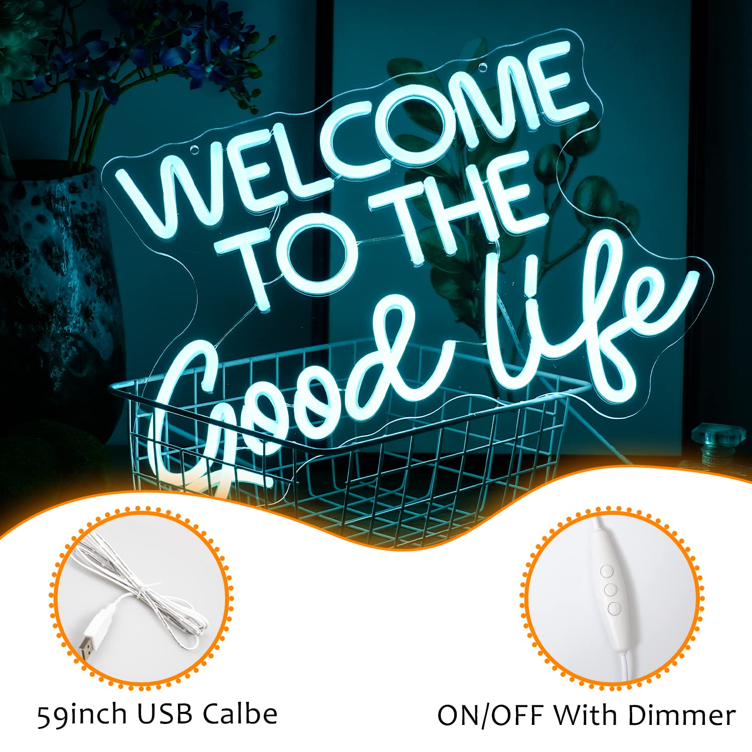 LISIGNVE Neon Sign LED Light - Dimmable USB Powered, 16.5’’x11’’, Ice Blue, Welcome To The Good Life, Decorative Light for Kids Room, Bar