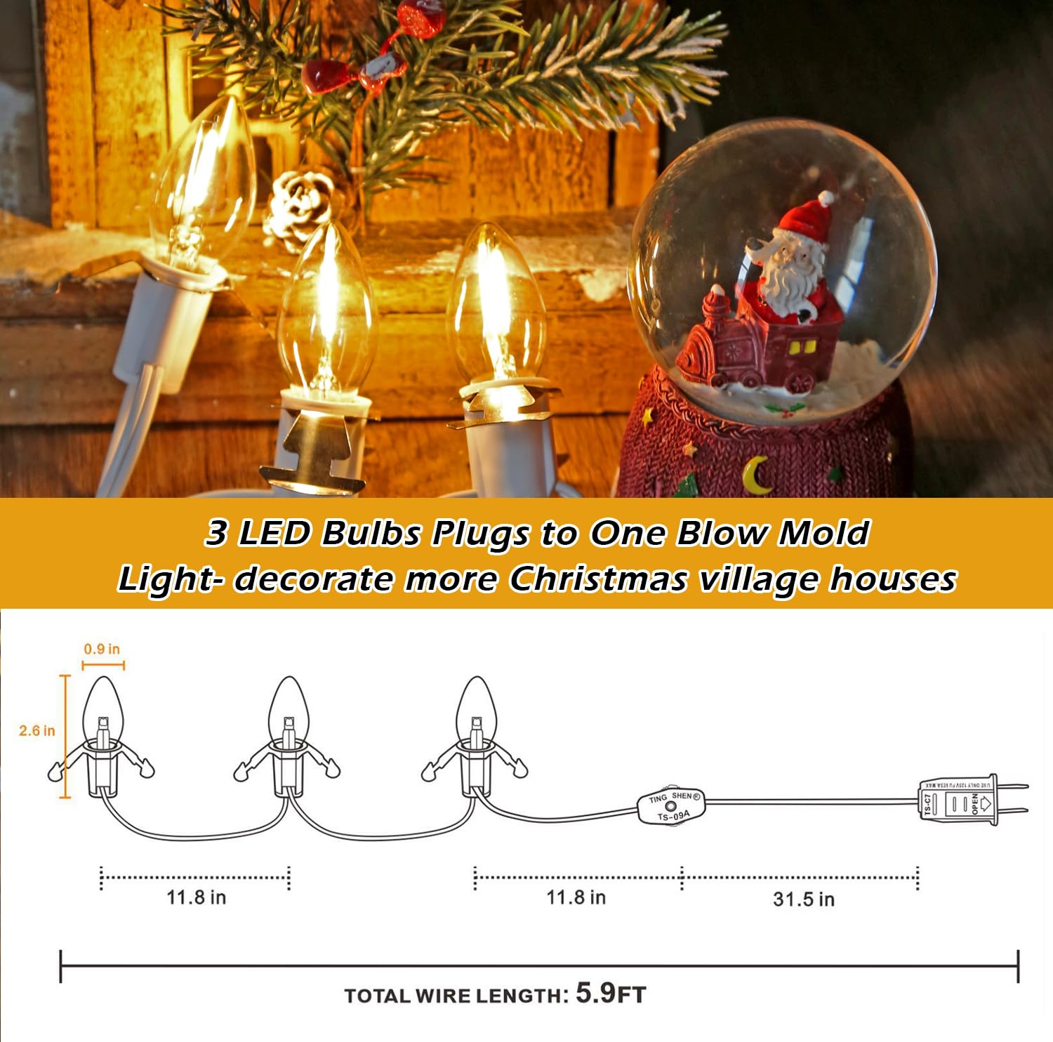 Yimilite 3 Base C7 String Bulbs Christmas Village Light Accessory Cord With 3 Led Light Bulb Universal Clip White Cord With On/Off Spare Fuse Switch Plugs For Decorations Christmas Village House