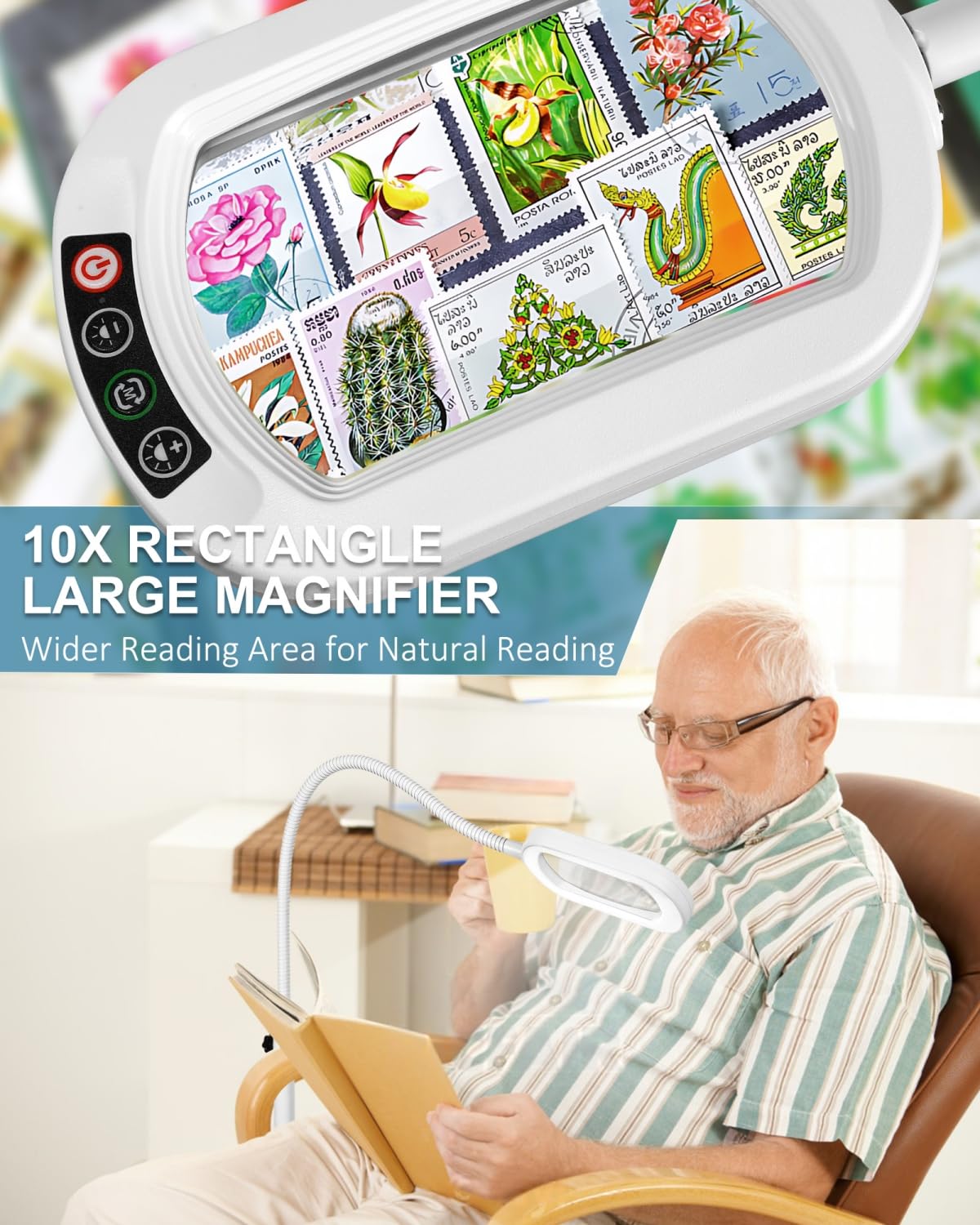 IVMAIE 10X Rectangle Magnifying Glass with Light, Flexible Gooseneck 3-in-1 Floor Lamp, LED, Stepless Dimmable, White, Model 602FLG