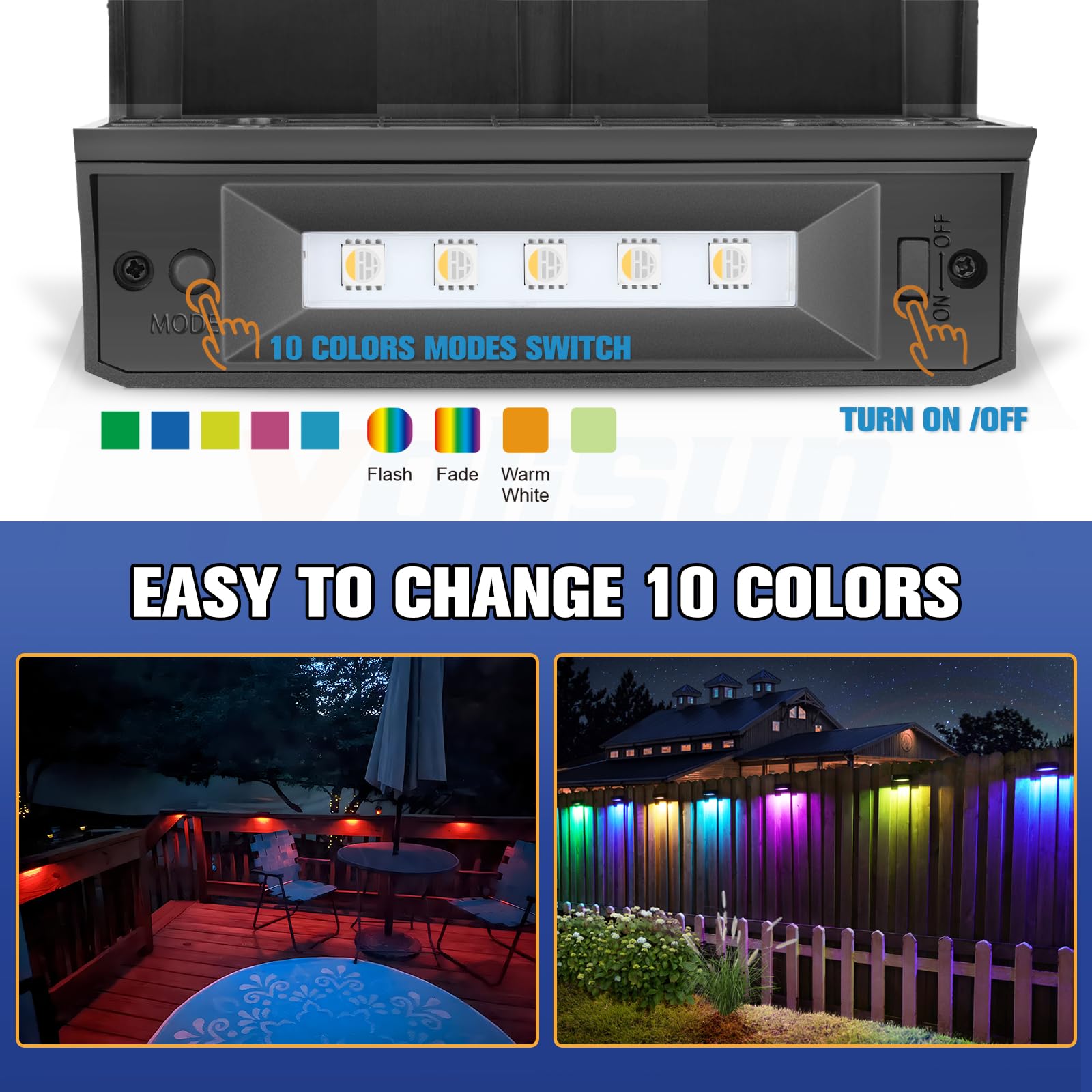 VOLISUN Solar Fence Lights, 8-Pack, Waterproof LED, 1800mAh, Color Glow, 7 Colors + Warm White, Model 21061ZM