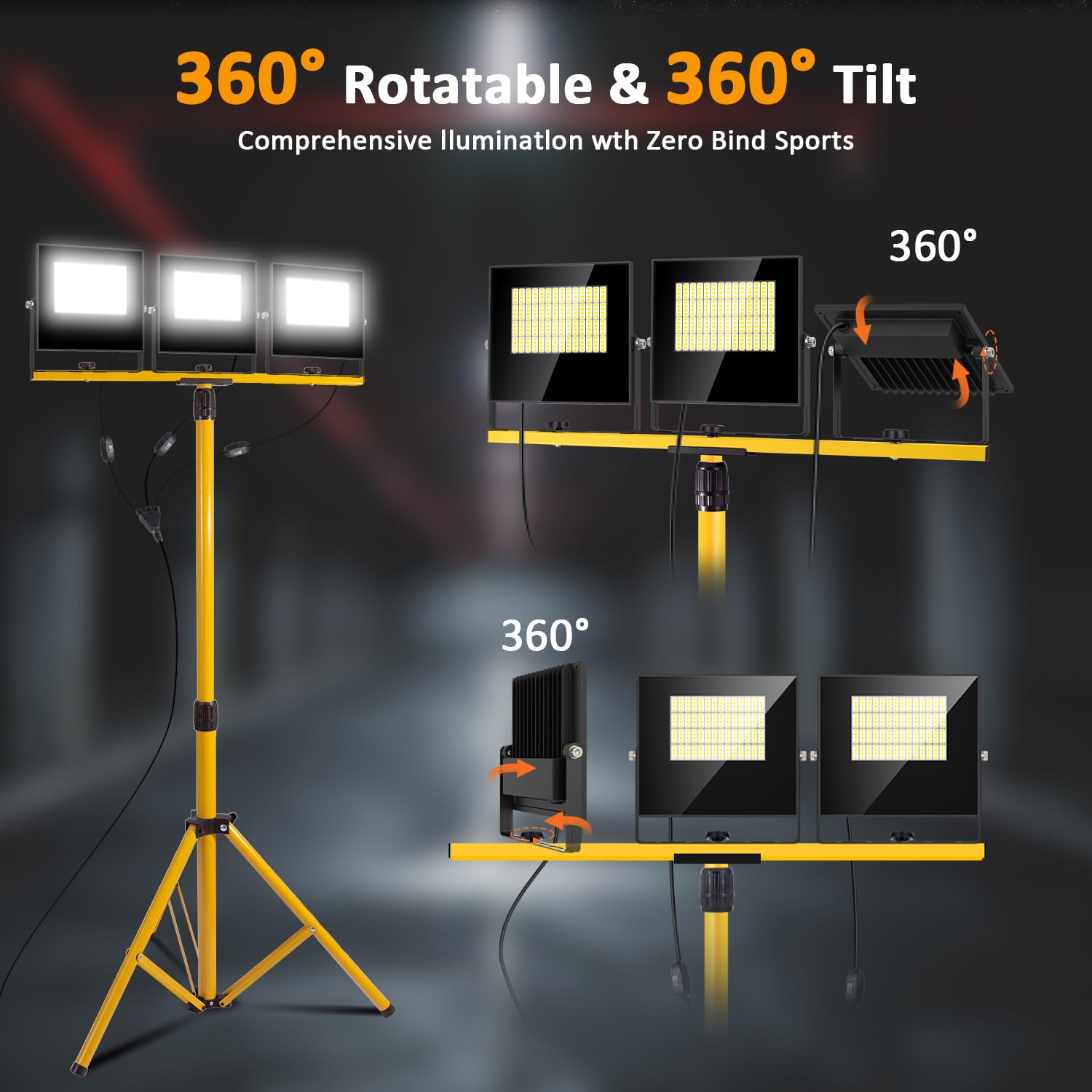 36000Lumen Led Work Lights With Stand - 3 Head Foldable Stand Work Light With 16Ft Cord - Ip67 Waterproof Tripod Lights For Outd