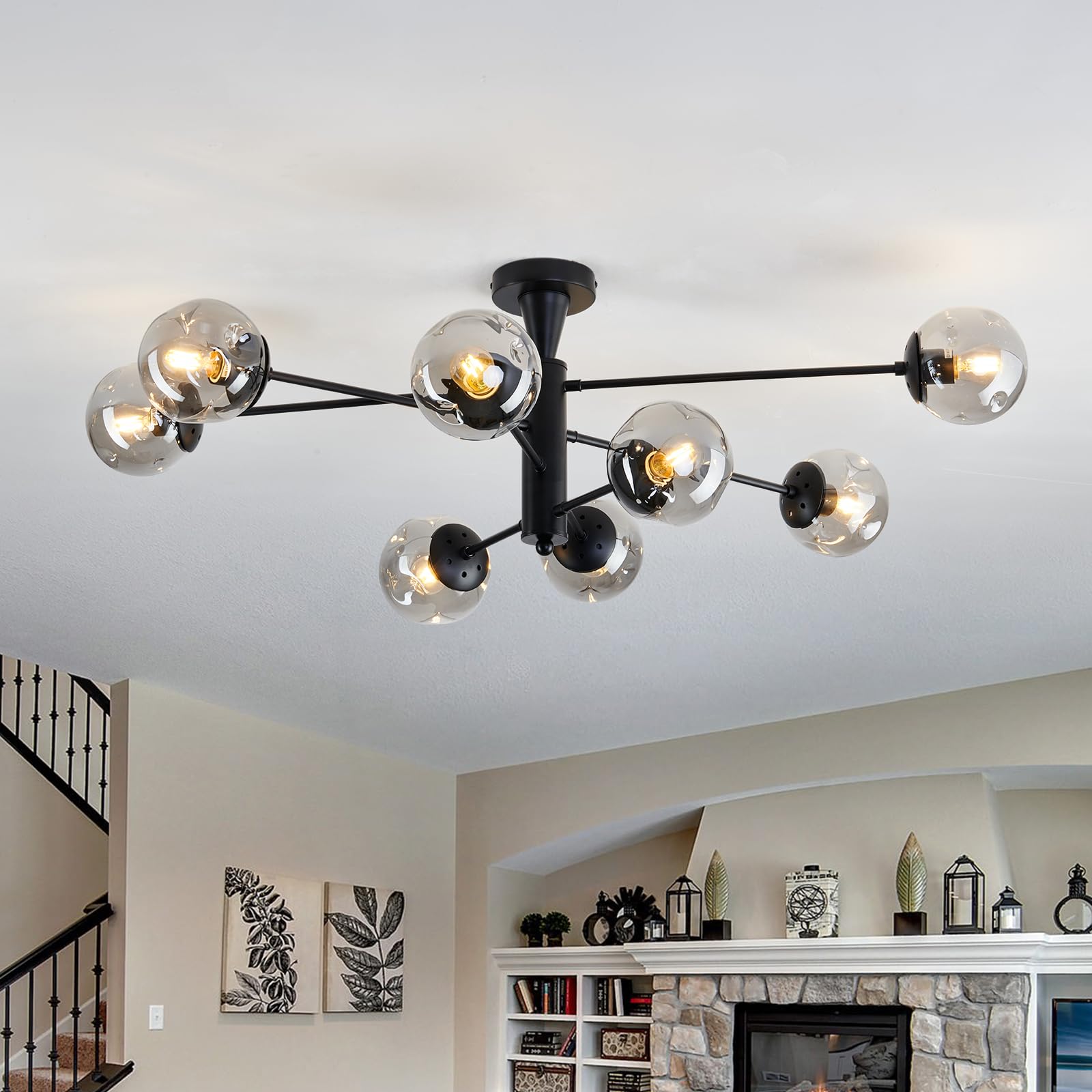 hesoge Modern Sputnik Ceiling Lights Black Semi Flush Mount Ceiling Fixture with Glass Globes 6 Light Chandelier for Dining Room Bedroom Living Room Kitchen Farmhouse.