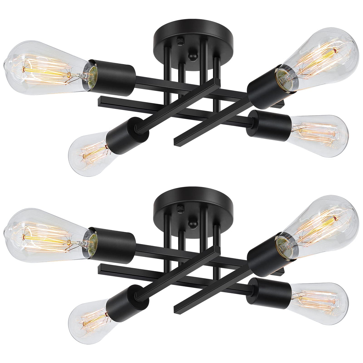 SunRider 2-Pack Industrial 4-Light Semi Flush Mount Ceiling Light Fixture, Matte Black, Farmhouse Sputnik Chandelier Modern Ligh