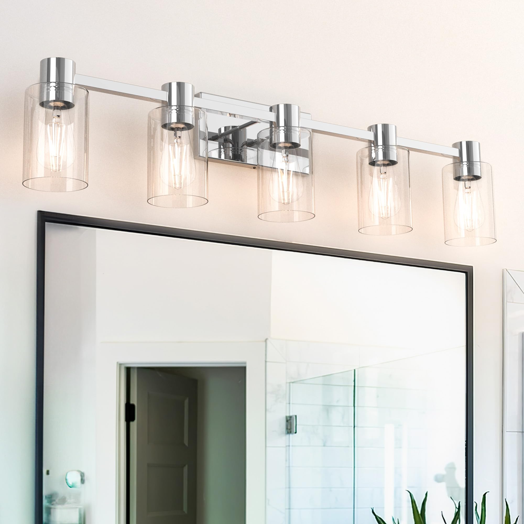 Esfos 5-Light Modern Vanity Light Fixture, Polished Chrome, Clear Glass Shade, Wall Sconce for Bathroom, E26 Base, Model 3744c27d-9d03-4