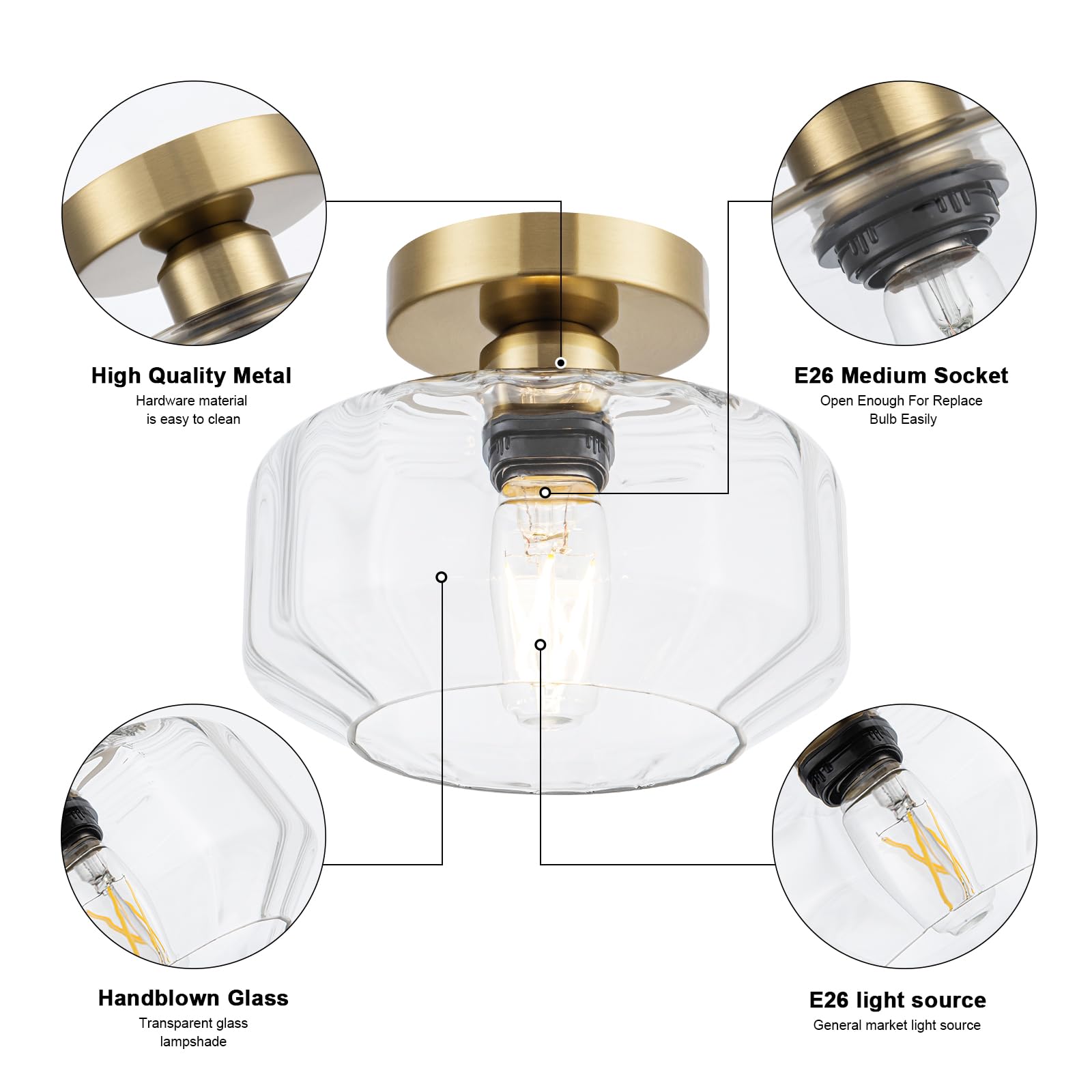 Tbaoinla Semi Flush Mount Ceiling Light Fixture With Textured Glass Brass Metal Base Includes 1200 Lumens Led Bulbs Gold Hallway Light Fixtures Modern Ceiling Light Suitable For Entryway Bathroom