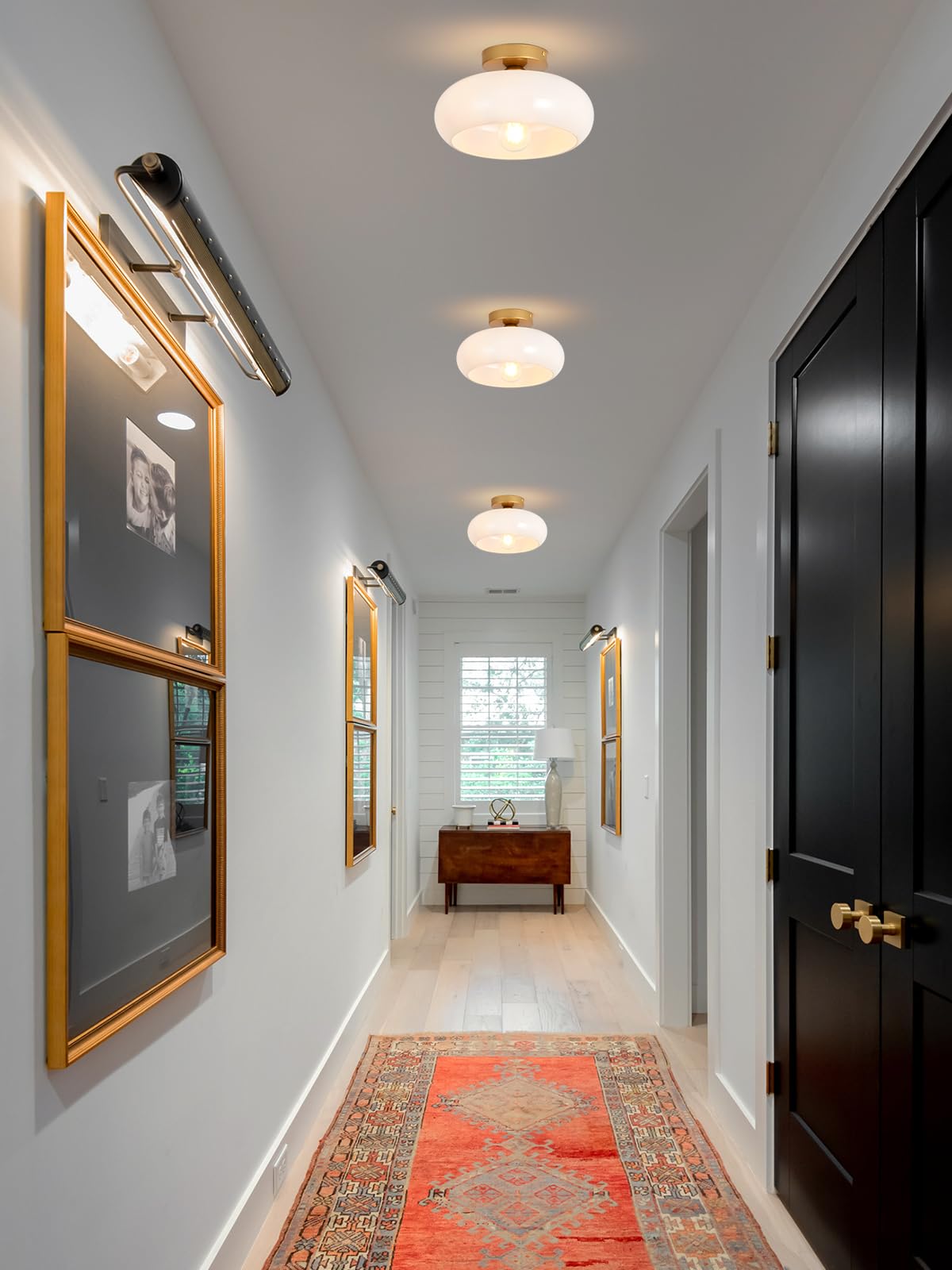 Woknos Mid-Century Modern Gold Semi Flush Mount Ceiling Light, Kitchen Ceiling Light Fixture With Glass Shade, Vintage White Close To Ceiling Lamp For Entryway Hallway Bathroom (8.66 Inch)