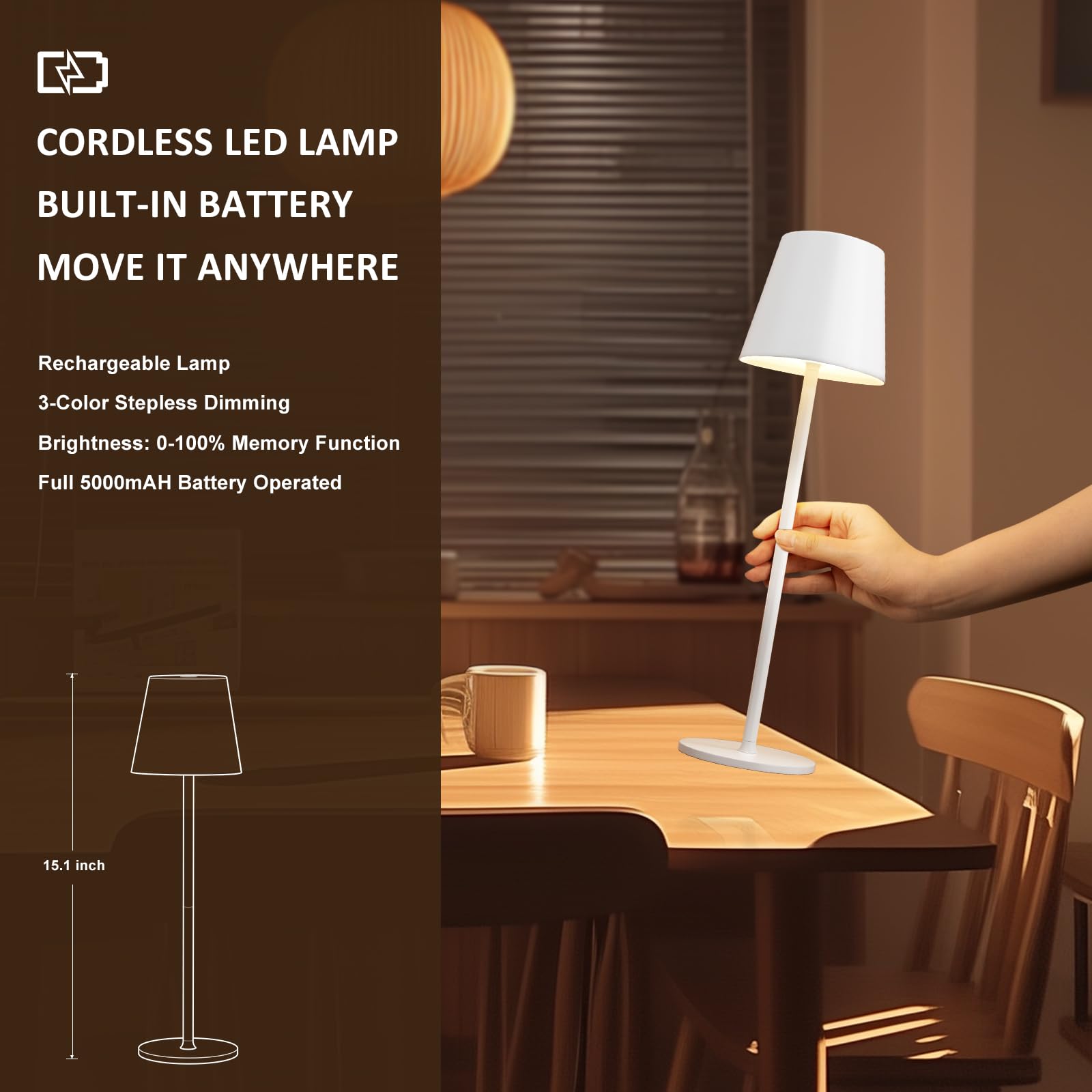 Kakanuo Cordless Table Lamp, Battery Operated Lamp, Portable Led Desk Lamp, Wireless Rechargeable Lamp, 3 Color Stepless Small T