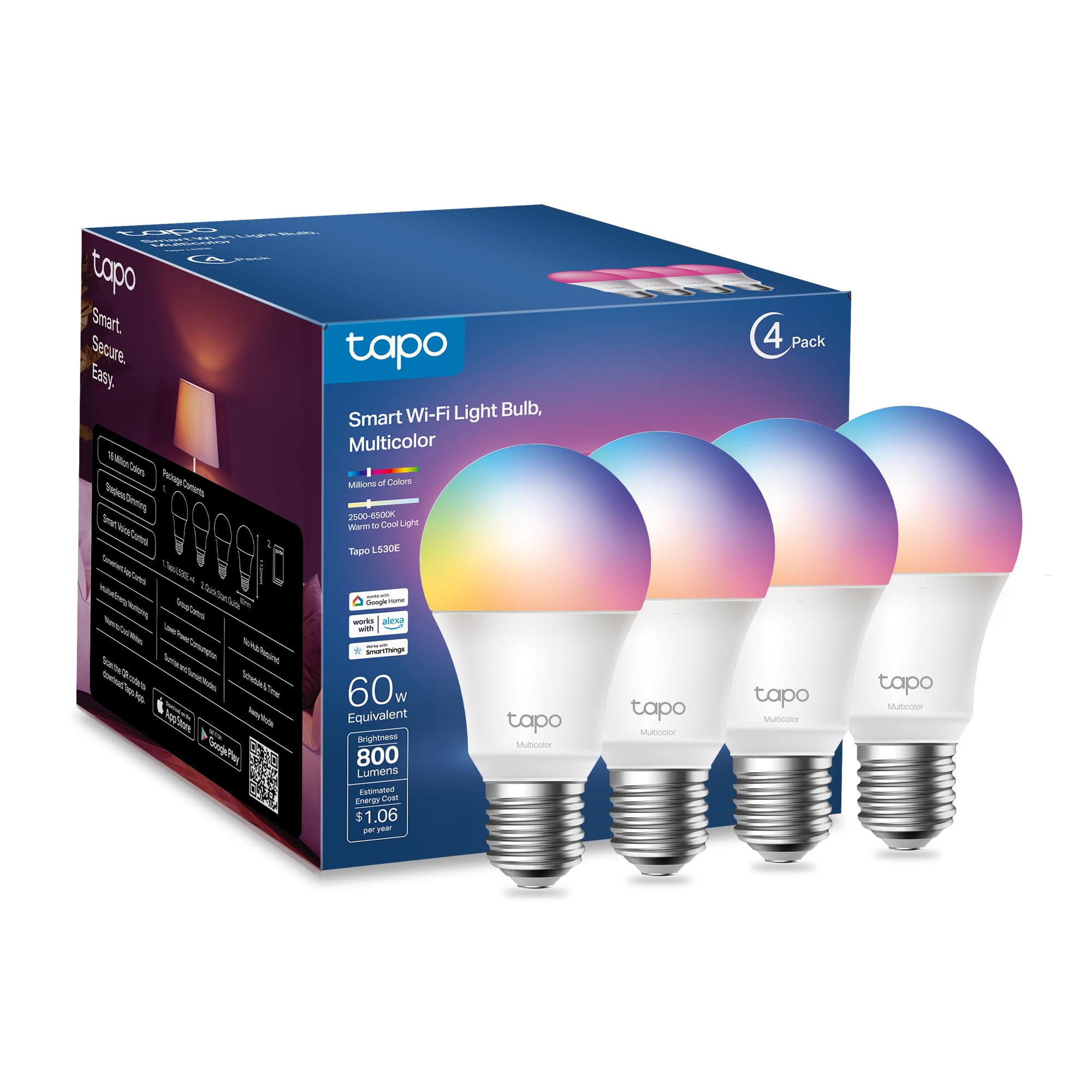 TP-Link Tapo Smart Light Bulbs, 16M Colors RGBW, Dimmable, Compatible with Alexa and Google Home, A19, 60W Equivalent, 800LM CRI>90, 2.4GHz WiFi only, No Hub Required, Tapo L530E(4-Pack)