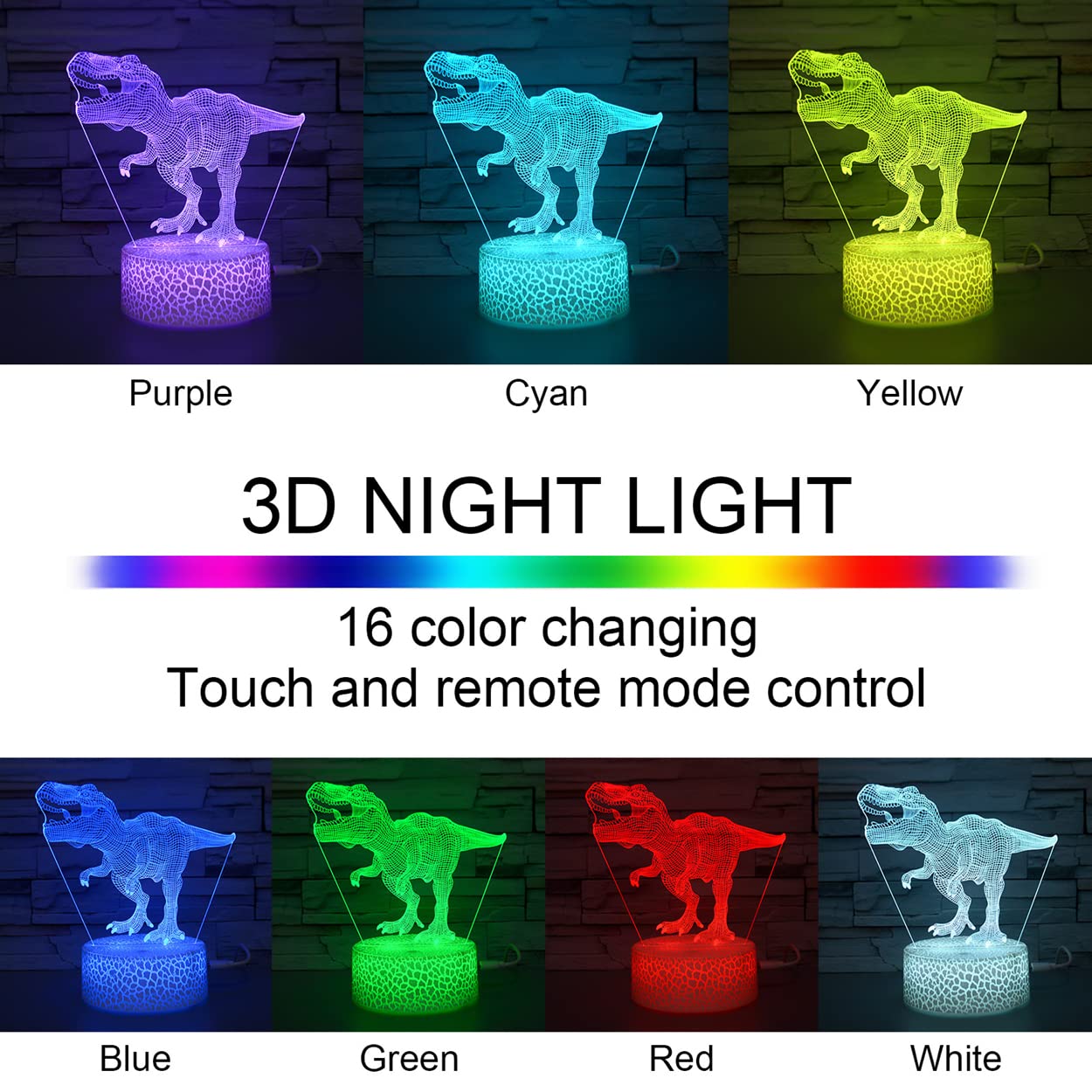 i-CHONY Dinosaur Toy T-Rex 3D Night Light for Kids - 16 Color Dimmable LED Light with Remote & Smart Touch & USB Cable - Gift fo