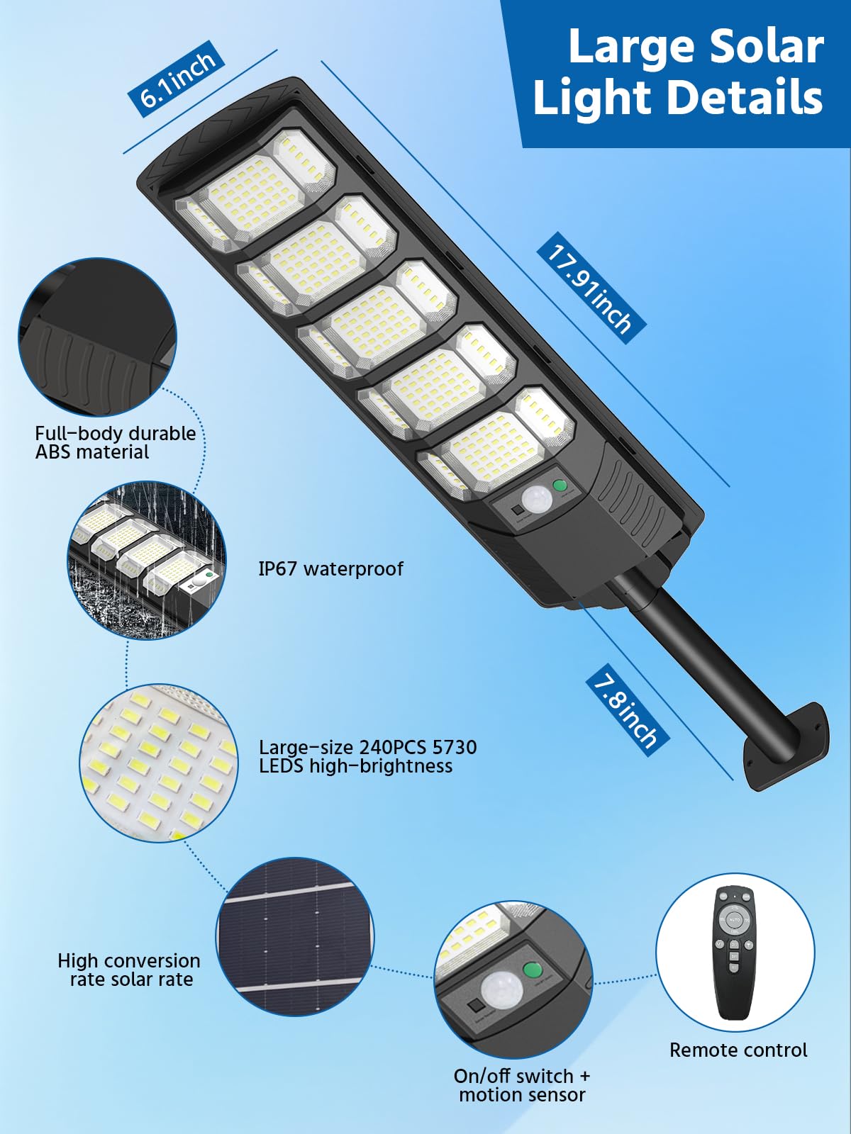 Ehowdin Solar Street Light 6500K IP67 Waterproof 240PCS LEDs Dusk to Dawn Motion Sensor Remote Control Black Flood Light01