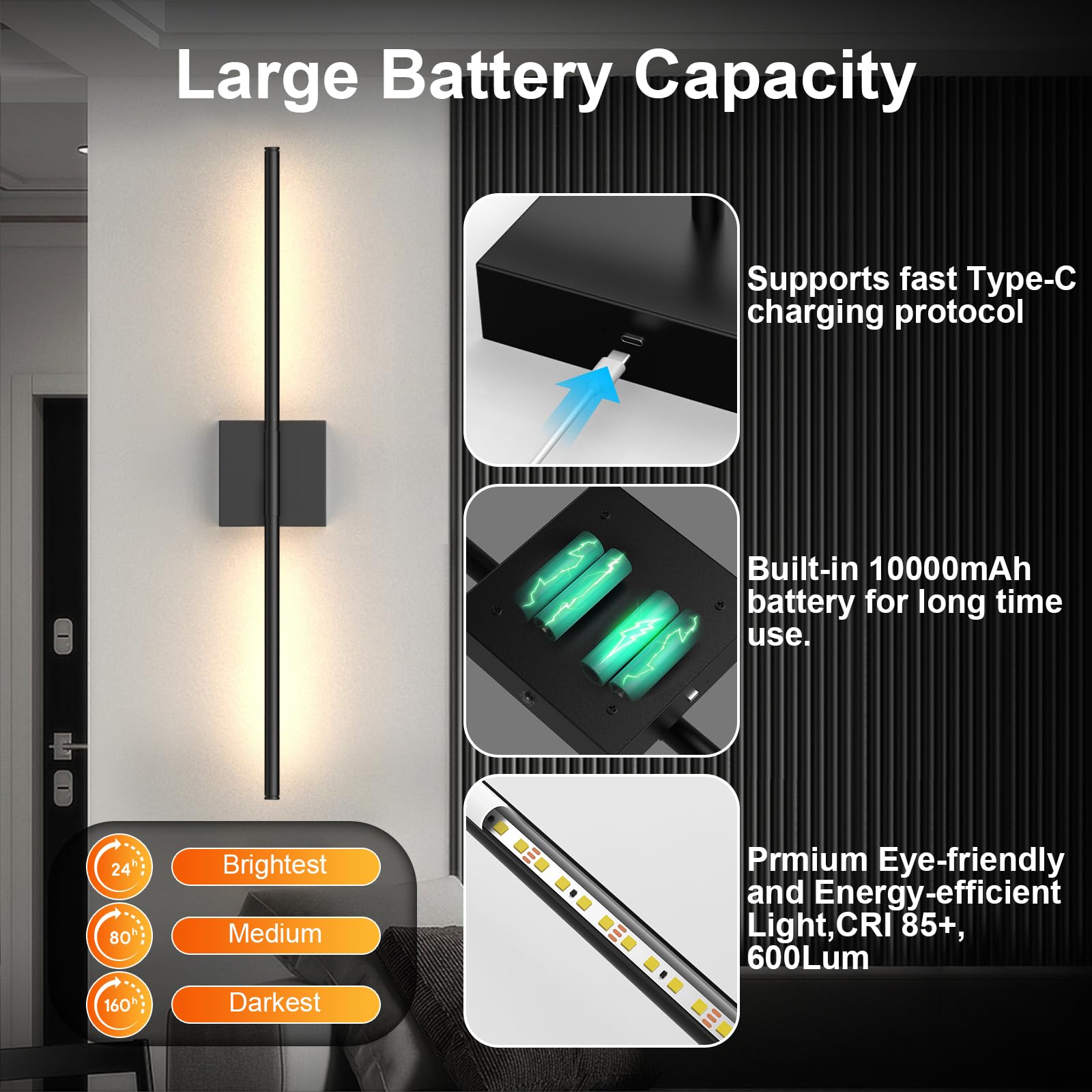 Tartek Battery Operated Wall Sconces Set of Two, Dimmable LED 3000K-6000K, 32 Inch, Black, Model SE-WS-PB01S