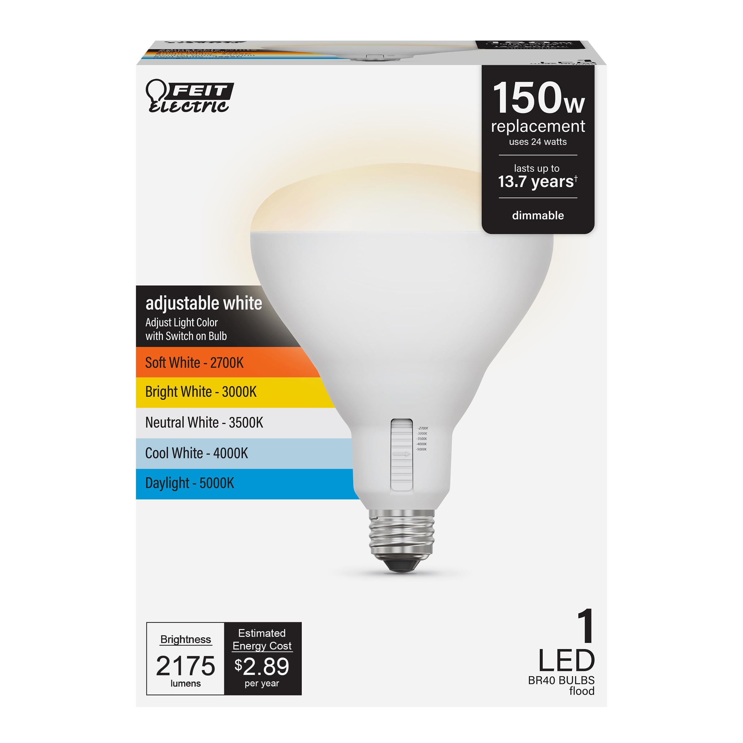 Feit Electric Br40 Led Light Bulb, 150W Equivalent, Dimmable, 5Cct, E26 Medium Base, 90 Cri, 2175 Lumens, Adjustable White, 13.7