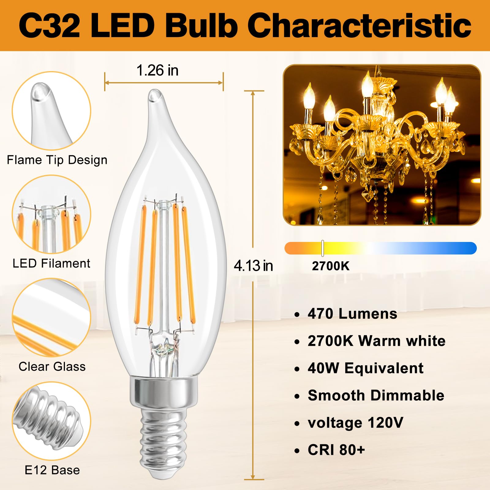 12 Pack Dimmable Candelabra Led Light Bulbs, 40W Equivalent 2700K Soft Warm White, Ca10 Clear Glass 4W Light Bulbs, E12 Vintage