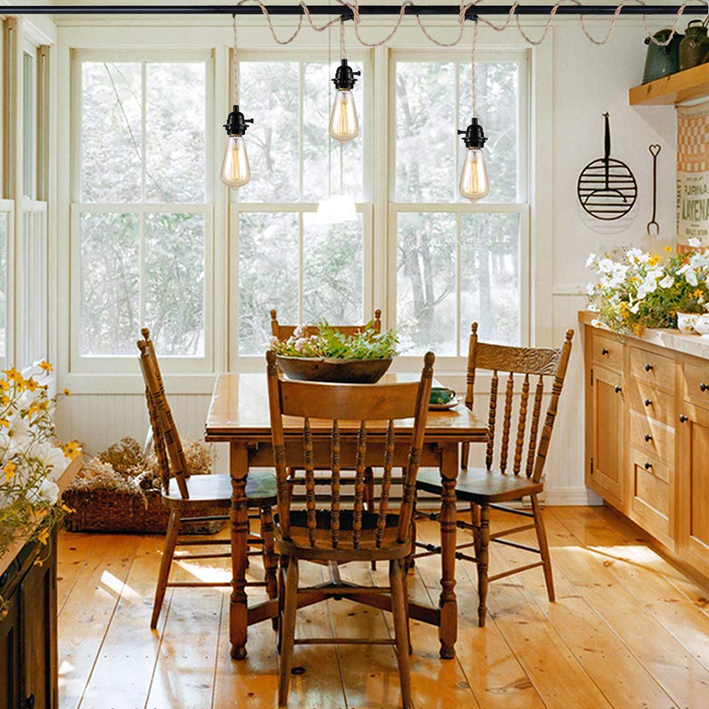 Yiliaw 27FT 3-Light Plug-in Pendant Light with Hemp Rope, Industrial Style Hanging Lamp for Farmhouse Bedroom Living Room Decor