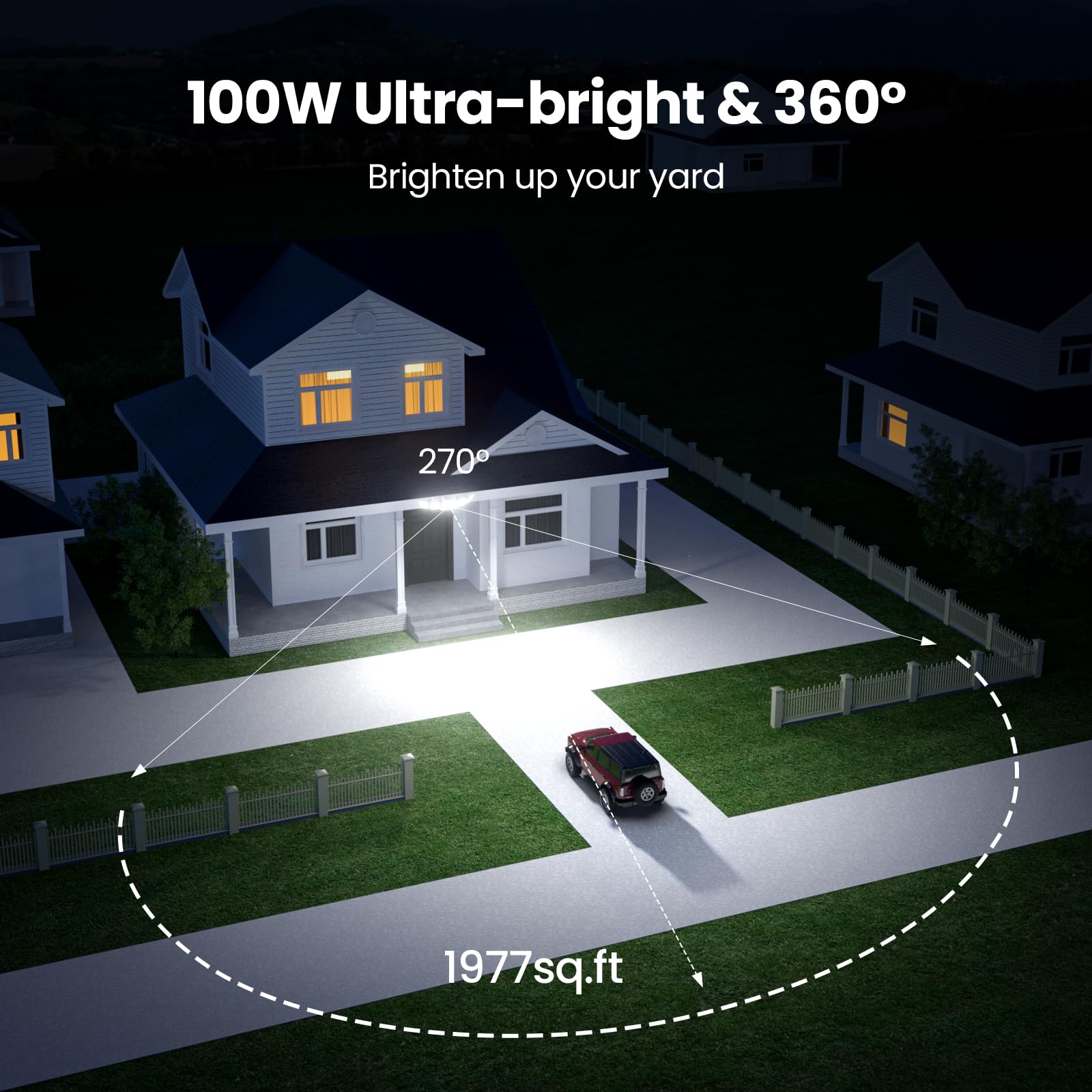 Olafus 100W LED Flood Lights with Remote, 5 Adjustable Heads, IP65 Waterproof, Dusk to Dawn Outdoor Security Light, White