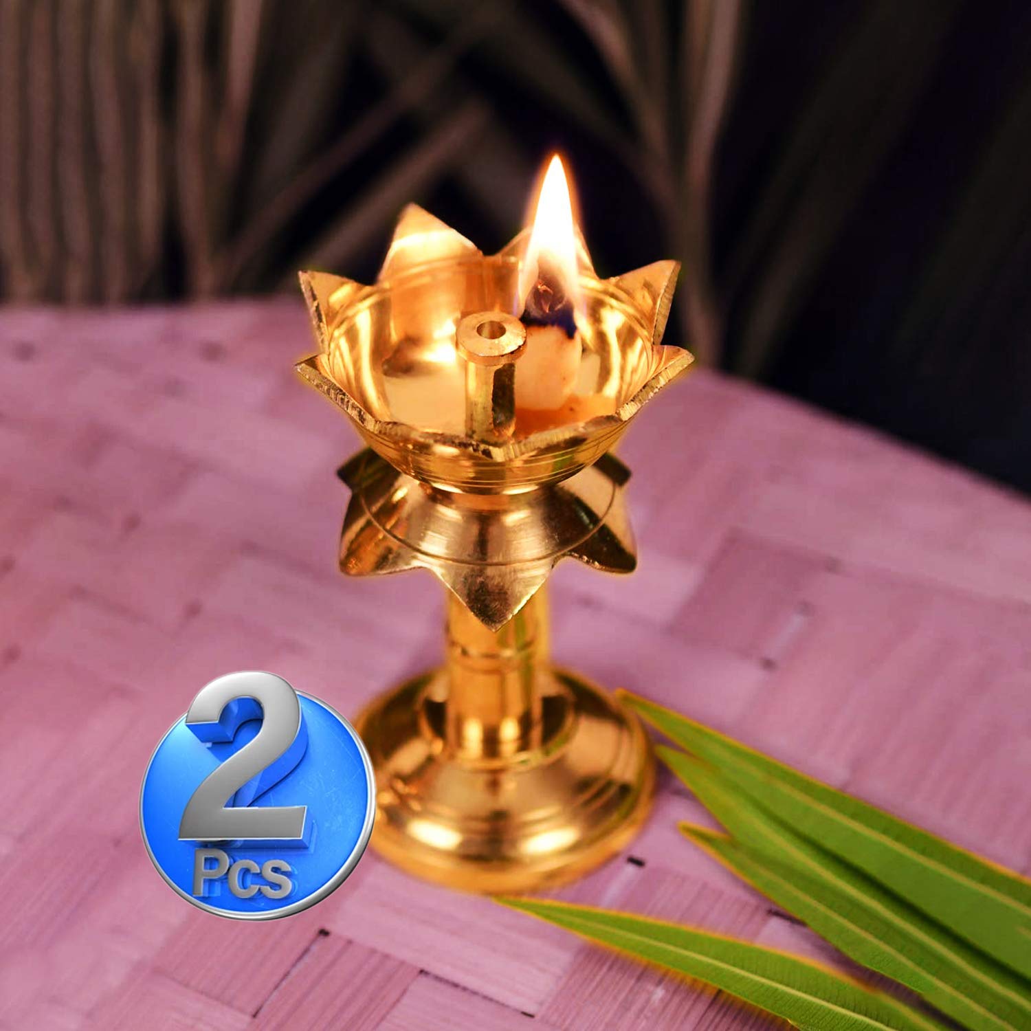 Shri Anand Set of 2 Pure Brass Diya for Puja Temaple Decoration, Lotus Shape Pillar Diya Stand Oil Lamp for Home Mandir Pooja Ar