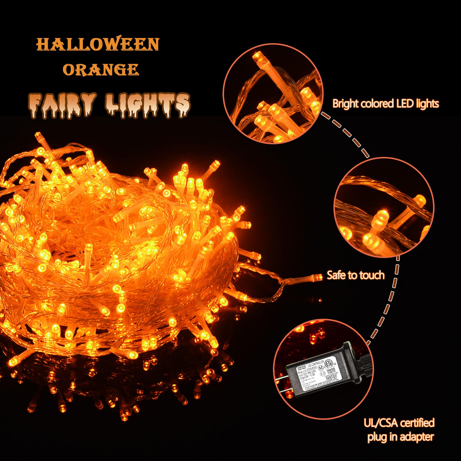 ILLUMINEW Orange String Lights Outdoor, 500 LED, 174Ft, 8 Modes, Copper, Model JT-ELFC300V0120-C