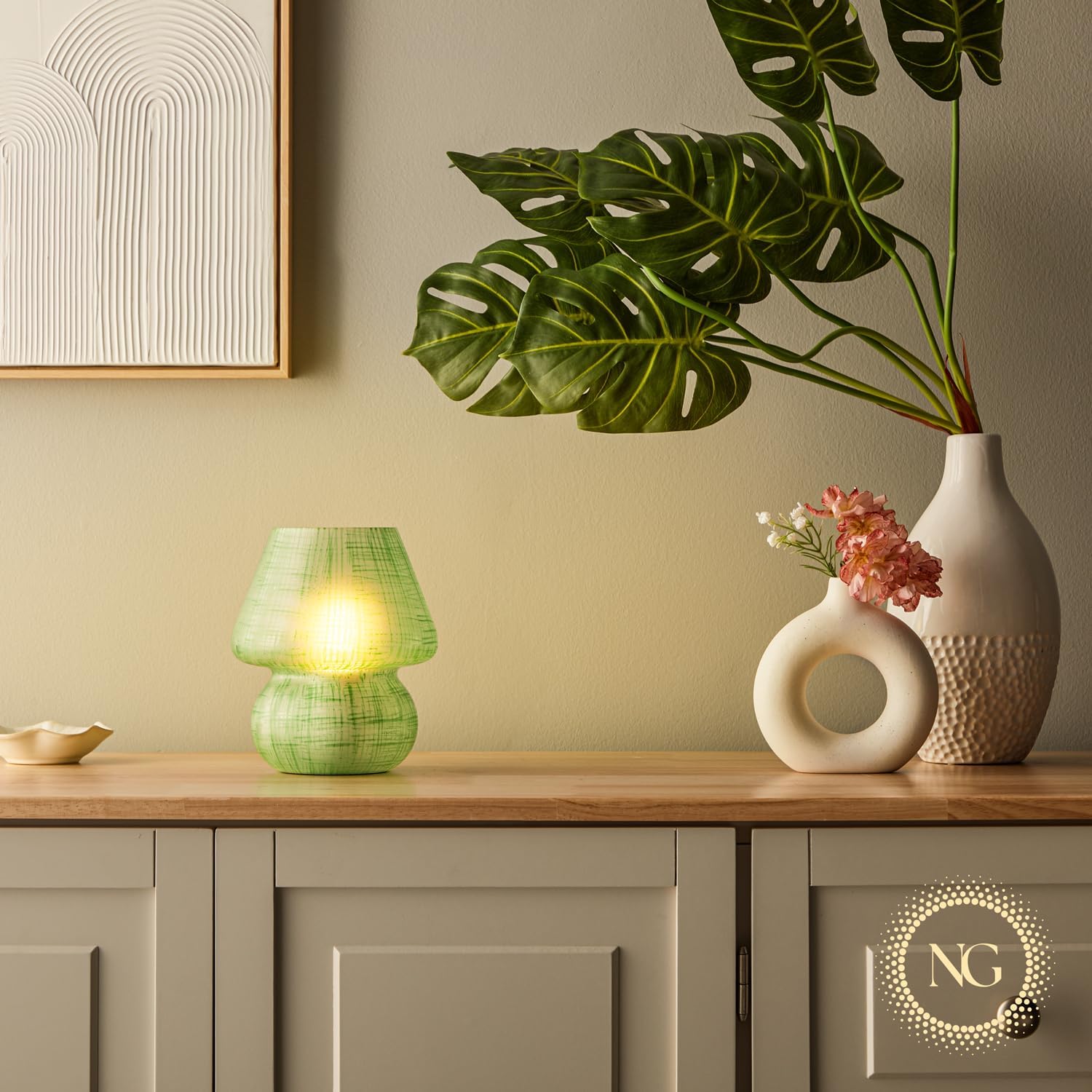 Next Glow LED Mushroom Table Lamp - Dimmable Night Light for Bedrooms & Kids Rooms - Small Green, Model LT-0328-1, Glass Material