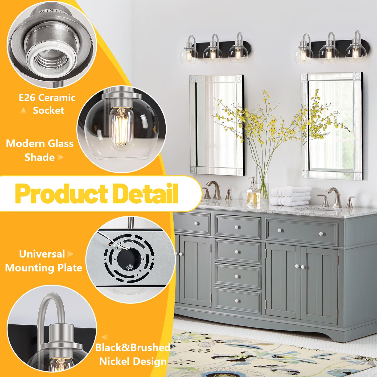Dpyrrhic 3-Light Bathroom Vanity Light Fixture, Metal In Matte Black & Brushed Nickel, Modern Design With Clear Glass Shade