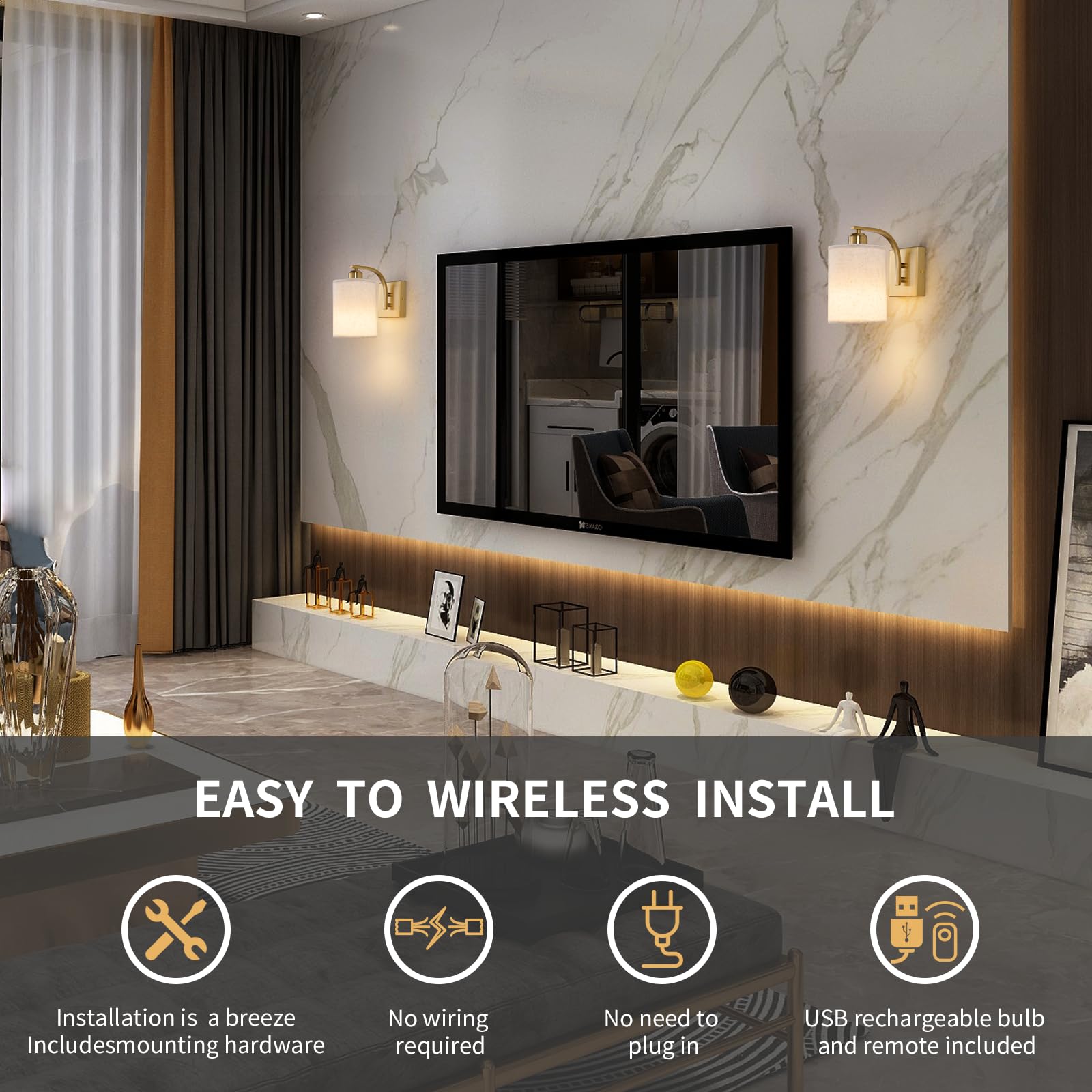 Powfloven Gold Rechargeable Battery Operated Wall Sconces Set Of 2 With Remote, Wireless Dimmable Battery Powered Led Wall Light